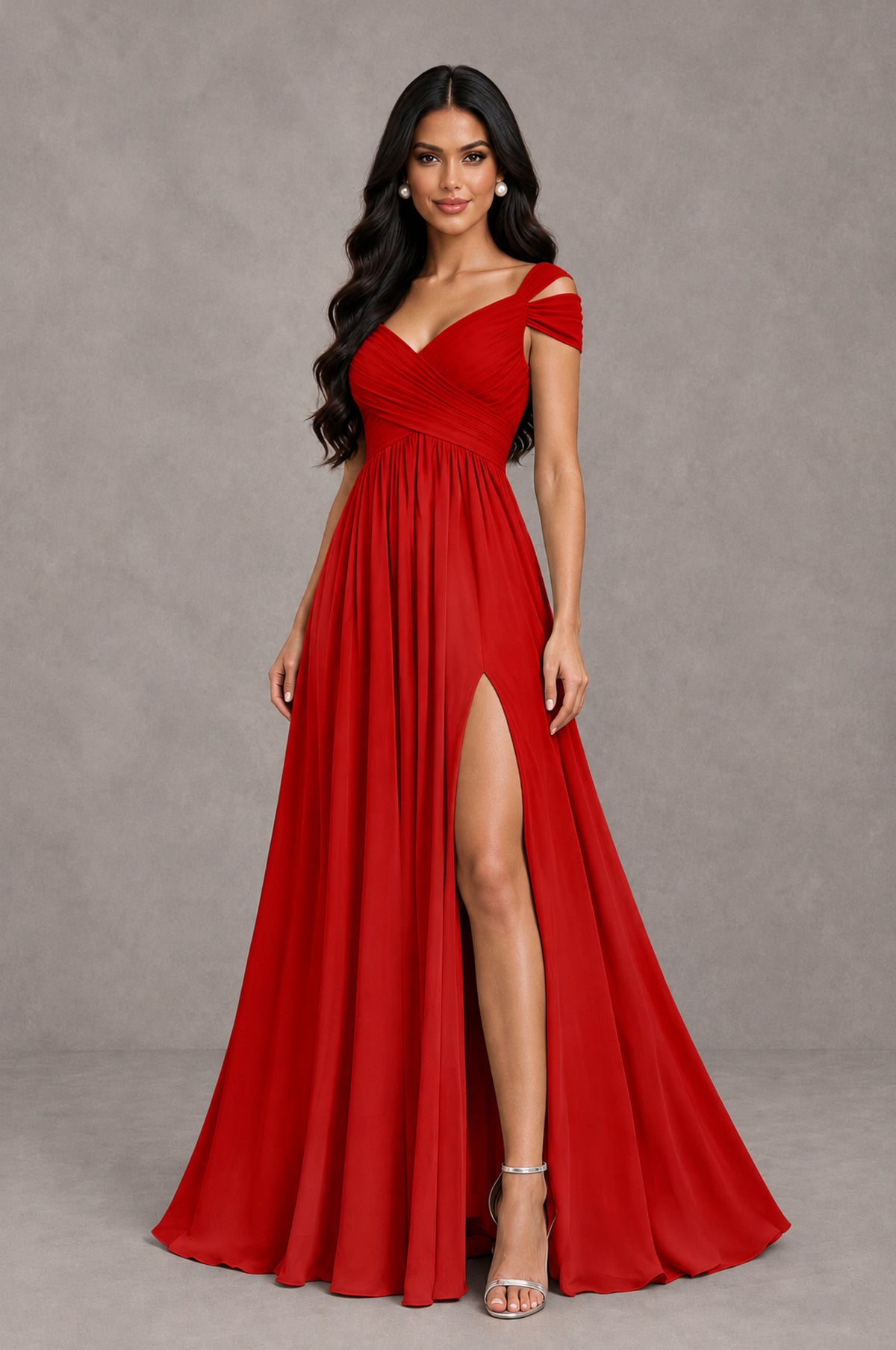 BOLODOO Red Cold Shoulder Chiffon Evening Dress with V Neck and High Slit - Red - Red_3