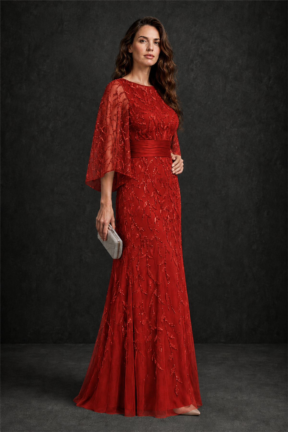 BOLODOO Red Bateau Neck Bell Sleeve Sequin Embroidered Satin Waist A-Line Maxi Dress - Red - Red_3