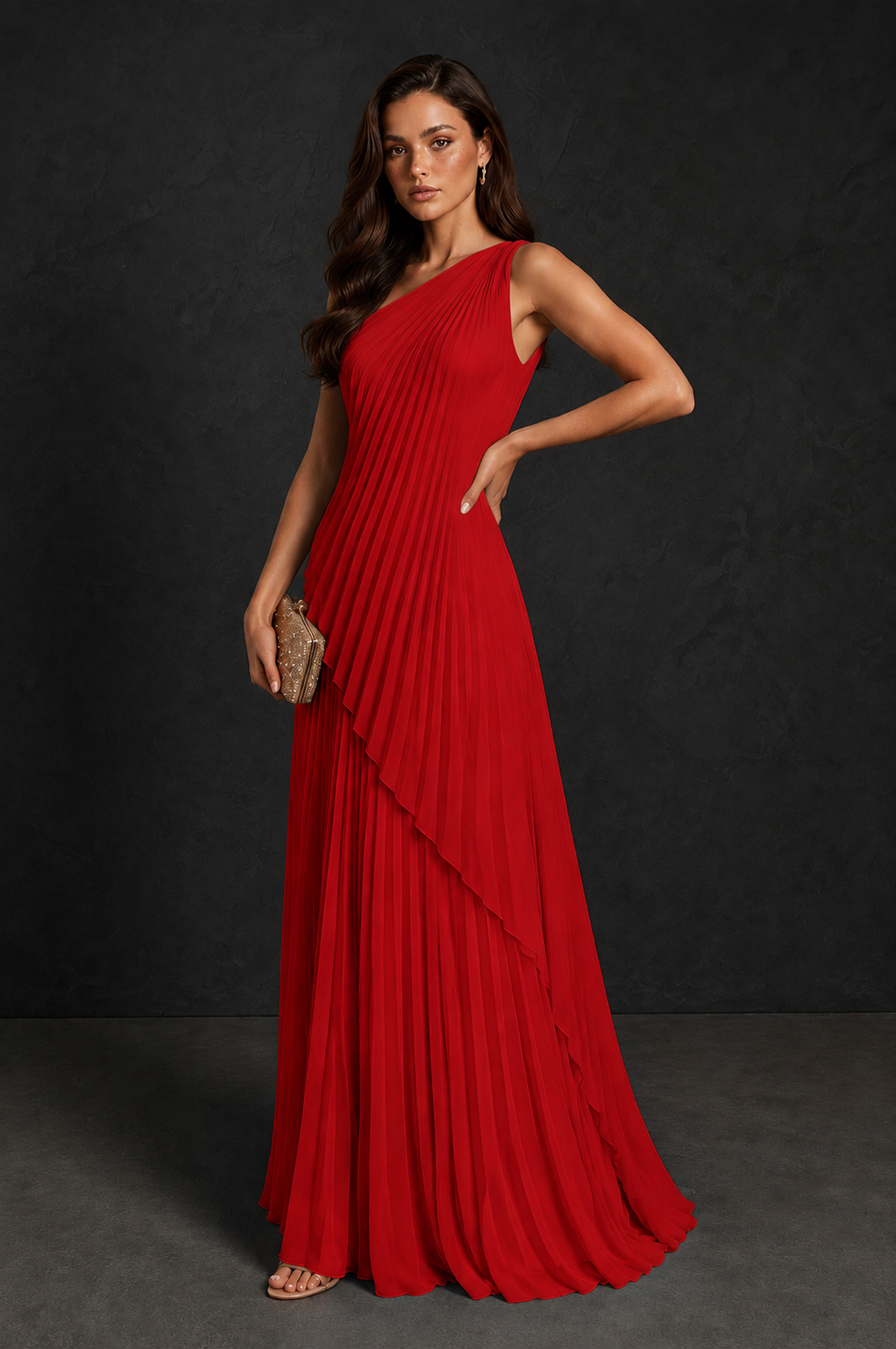 BOLODOO Red One-Shoulder Sunburst Pleated Asymmetric Layered Overlay Accordion Pleated Chiffon Maxi Dress - Red