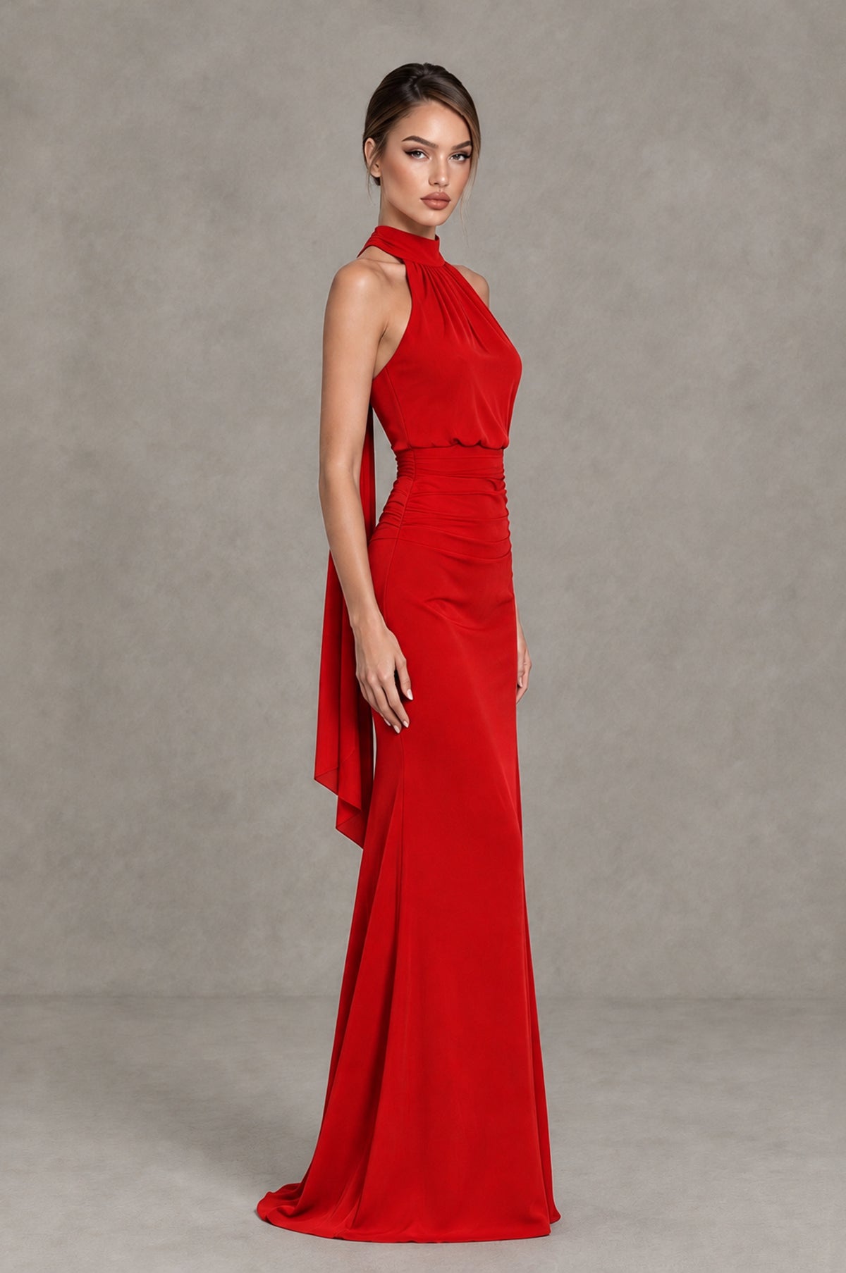 BOLODOO Red Chiffon Halter Maxi Formal Wedding Guest Dress - Red - Red_3