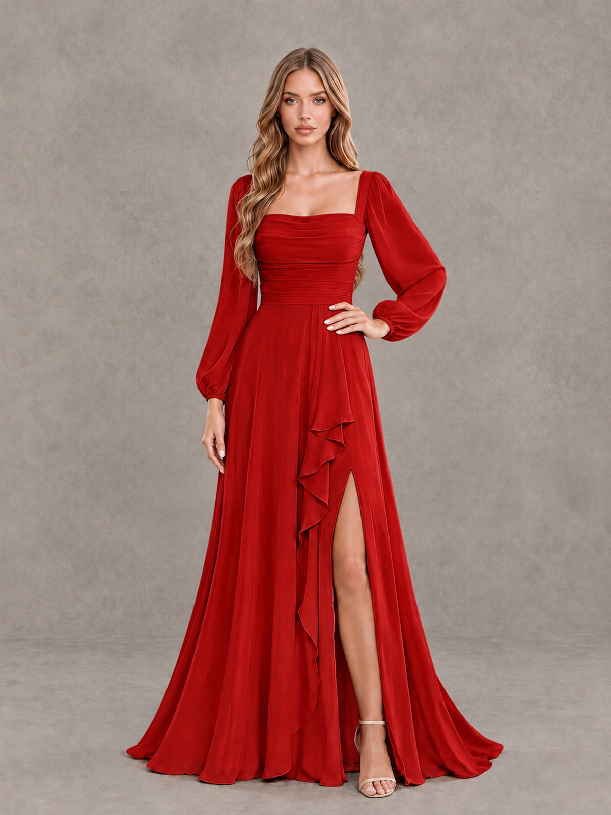 BOLODOO Red Square Neck Long Sleeve Bridesmaid Dress with Ruffle Slit - Red - Red_3