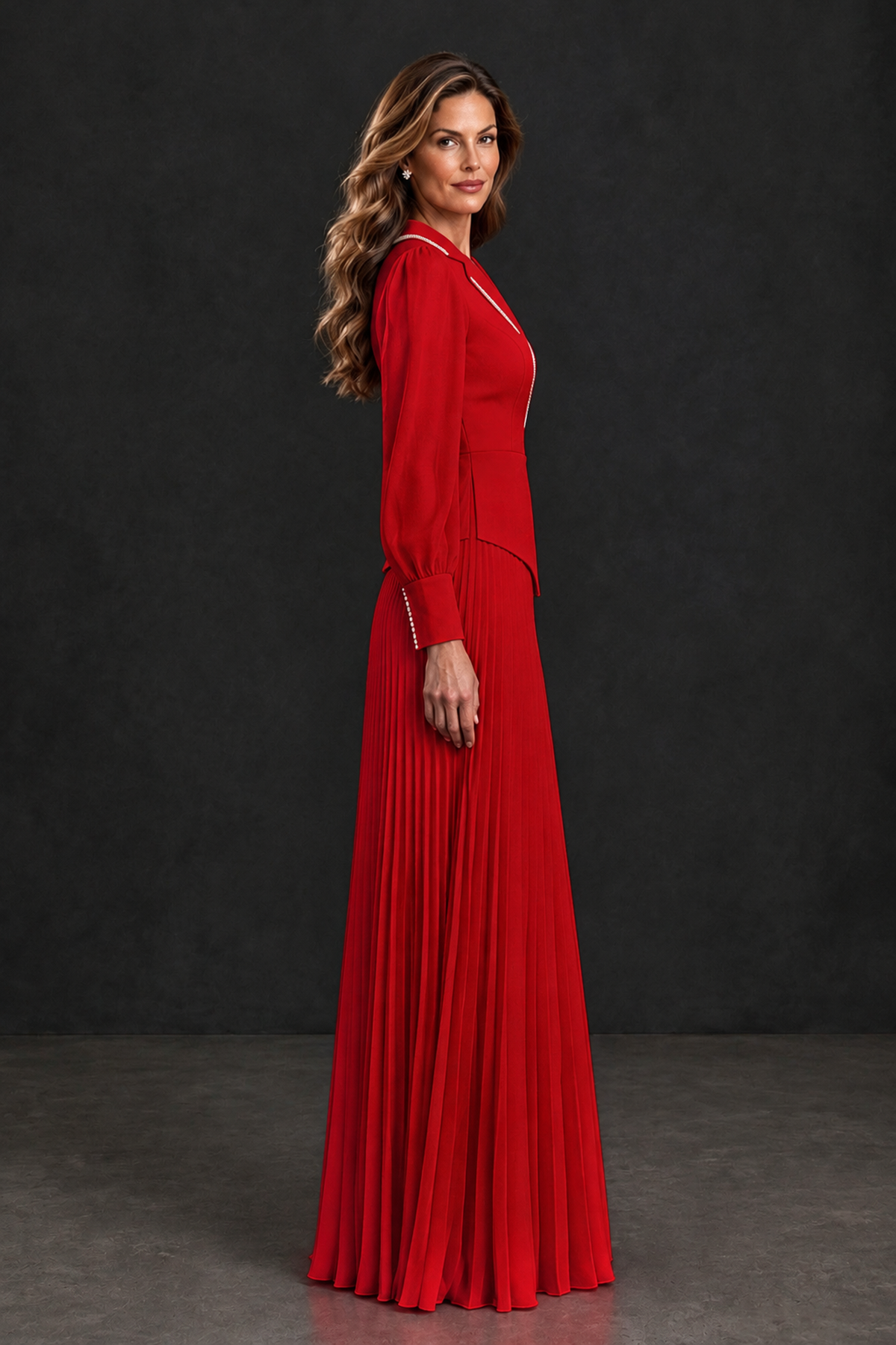 BOLODOO Red Long Sleeve Pleated Mother of the Bride Dress - Red - Red_3
