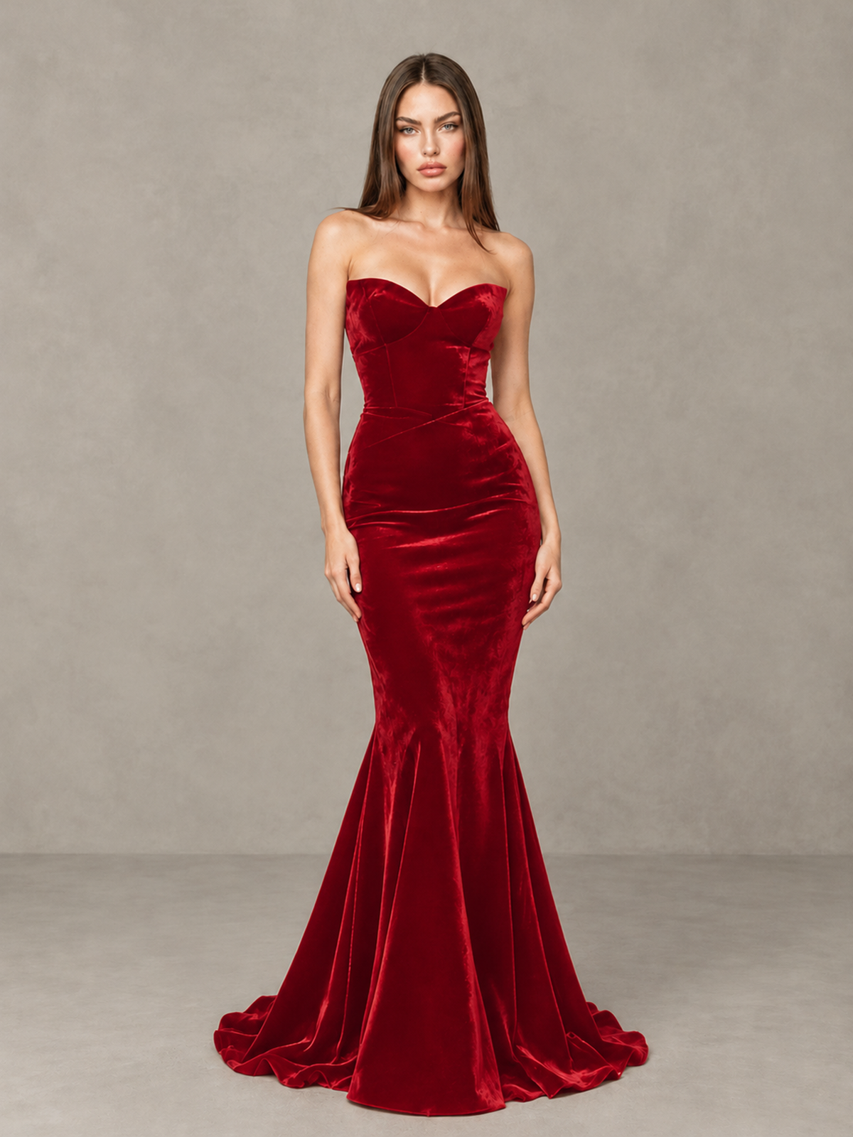 BOLODOO Red Strapless Sweetheart Velvet-Look Mermaid Evening Dress - Red - Red_3