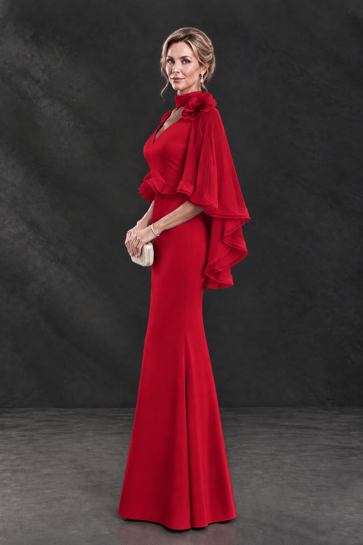 BOLODOO Red Floral Cape Sleeve Mother of the Bride Dress - Red - Red_3