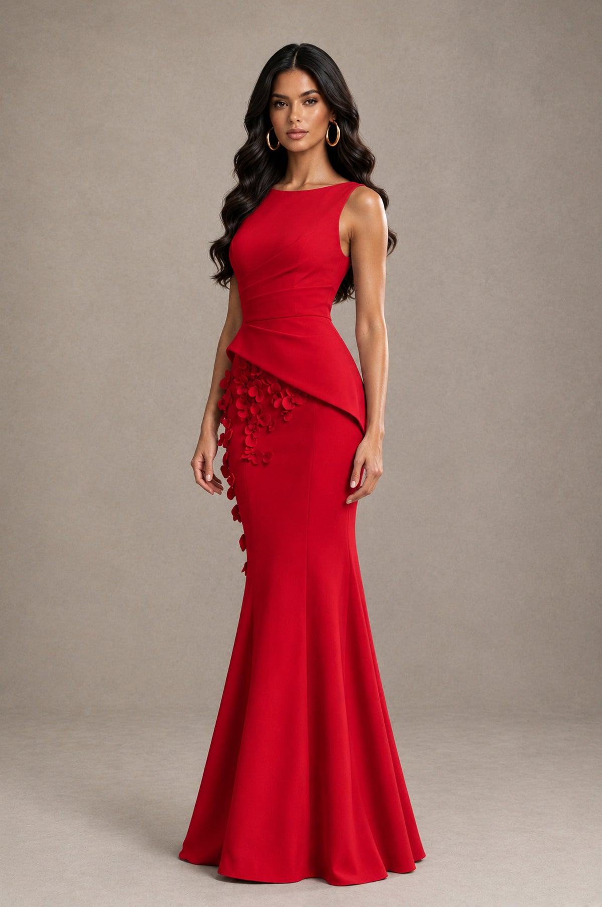 BOLODOO Red Bateau Neck Sleeveless Asymmetric Peplum 3D Petal Appliqué Mermaid Gown BD0421 - Red - Red_3