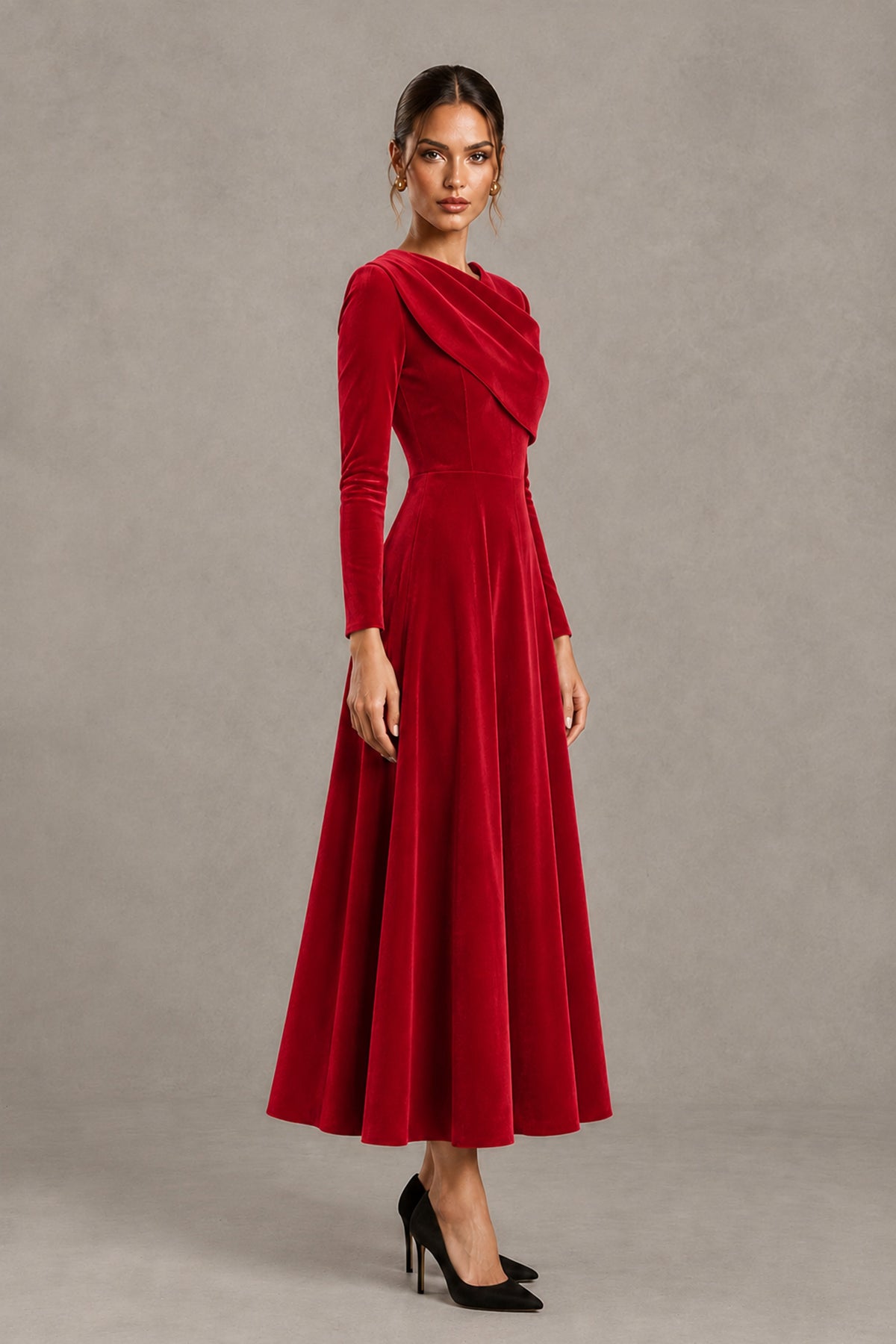 BOLODOO Red Velvet-Look Long Sleeve Tea-Length A-Line Dress with Draped Neckline - Red - Red_3