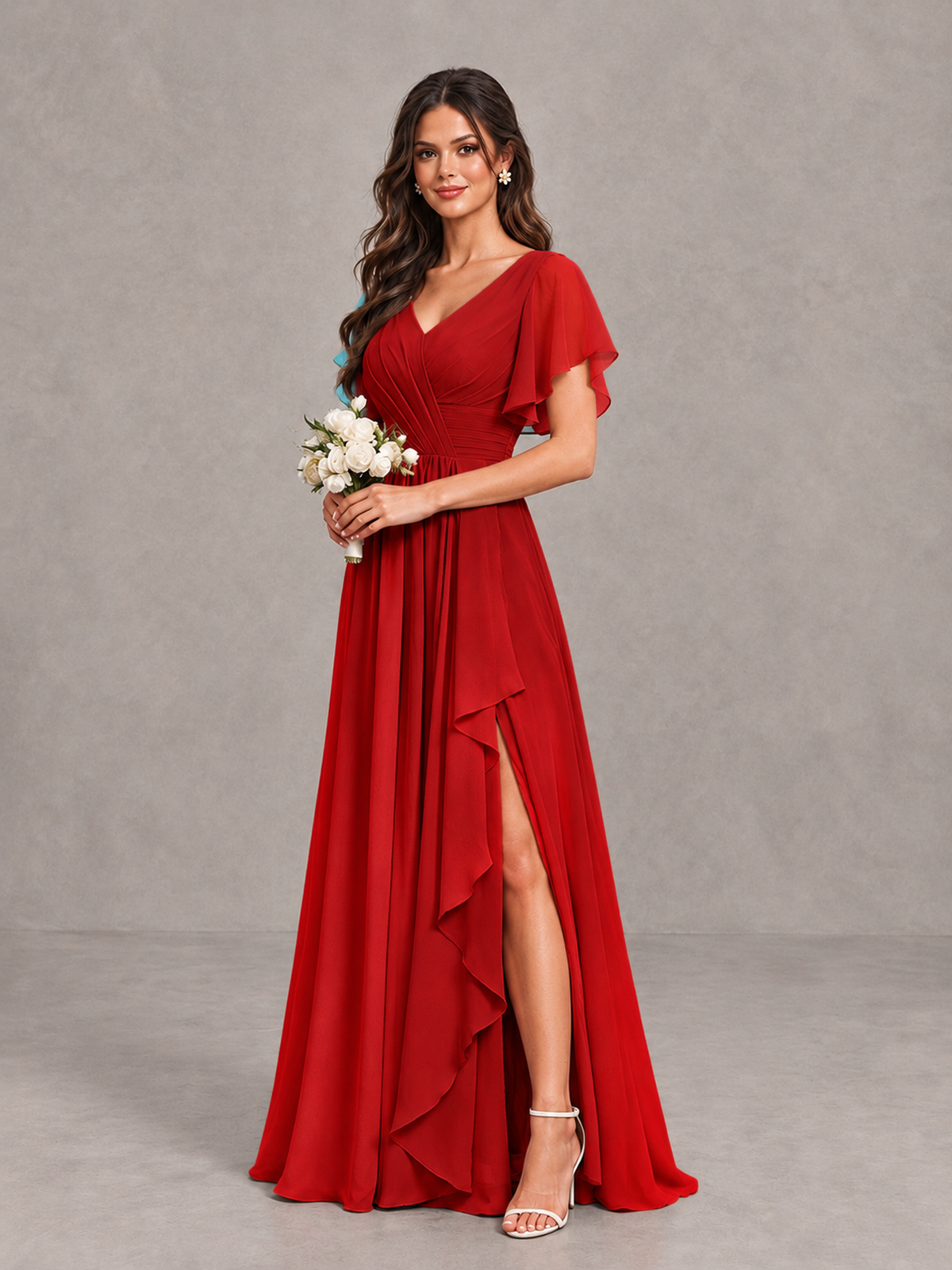 BOLODOO Red Flutter Sleeve V-Neck Bridesmaid Dress with Ruffle Slit - Red - Red_3
