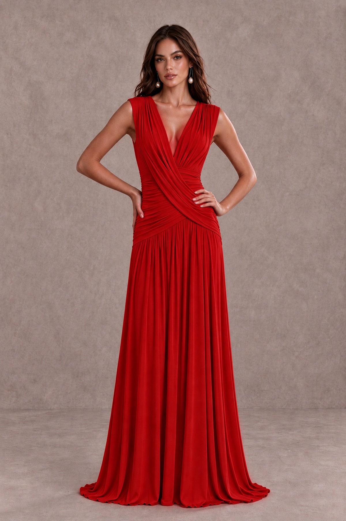 BOLODOO Red V-Neck Ruched Wedding Guest Dress - Red - Red_3