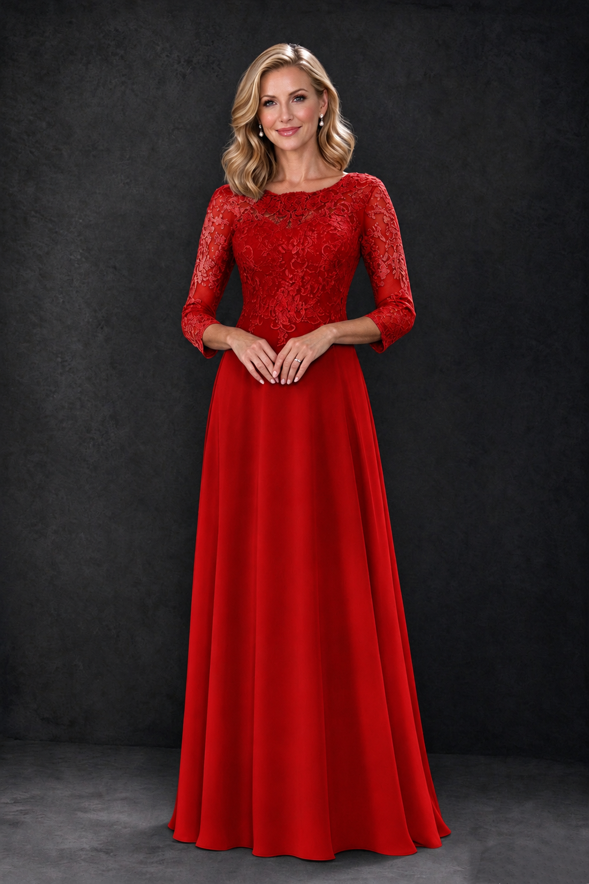 BOLODOO Red Lace Embroidered Mother of the Bride Dress with 3/4 Sleeves - Red - Red_3