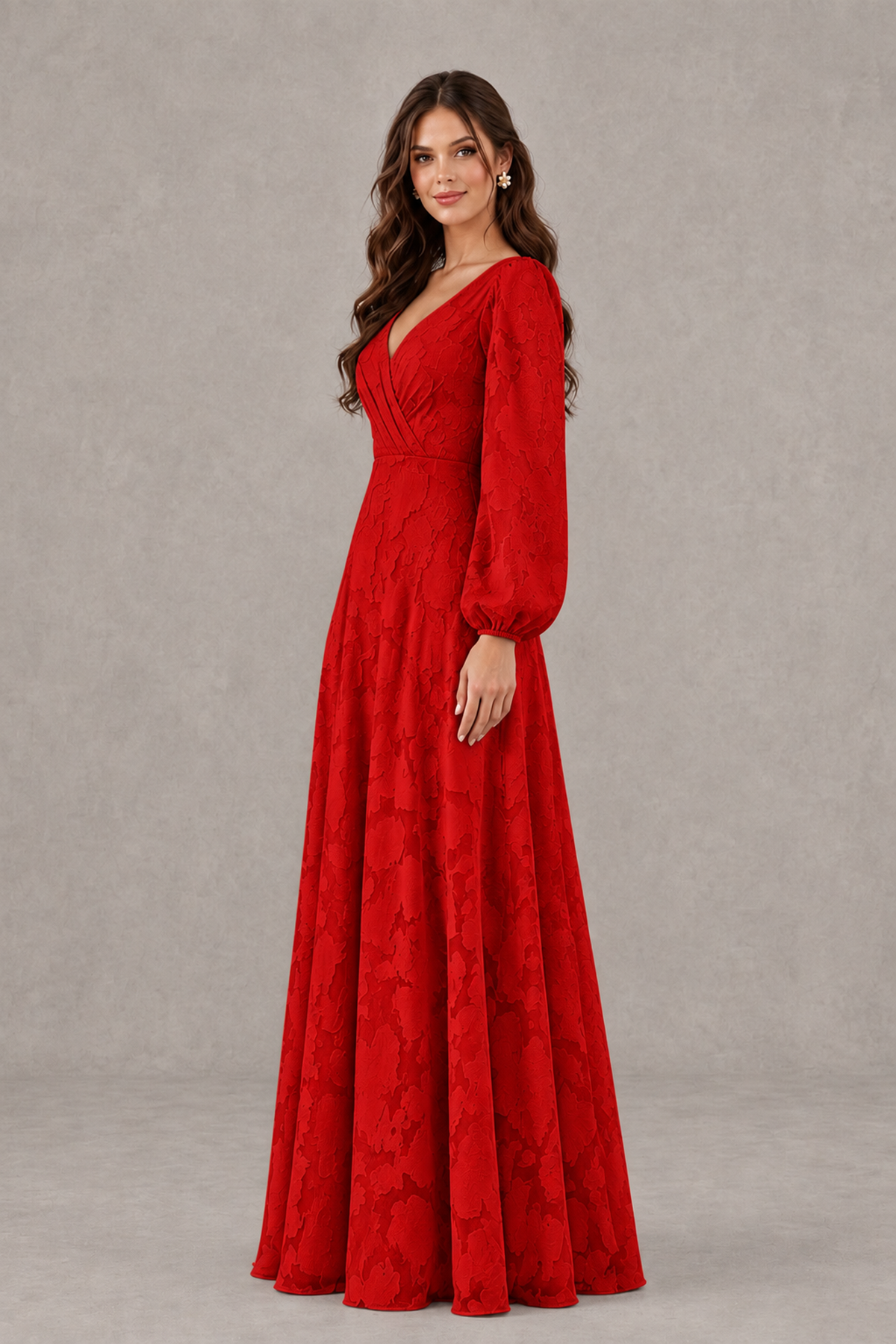 BOLODOO Red Long Sleeve V-Neck A-Line Mother of the Bride Dress - Red - Red_3