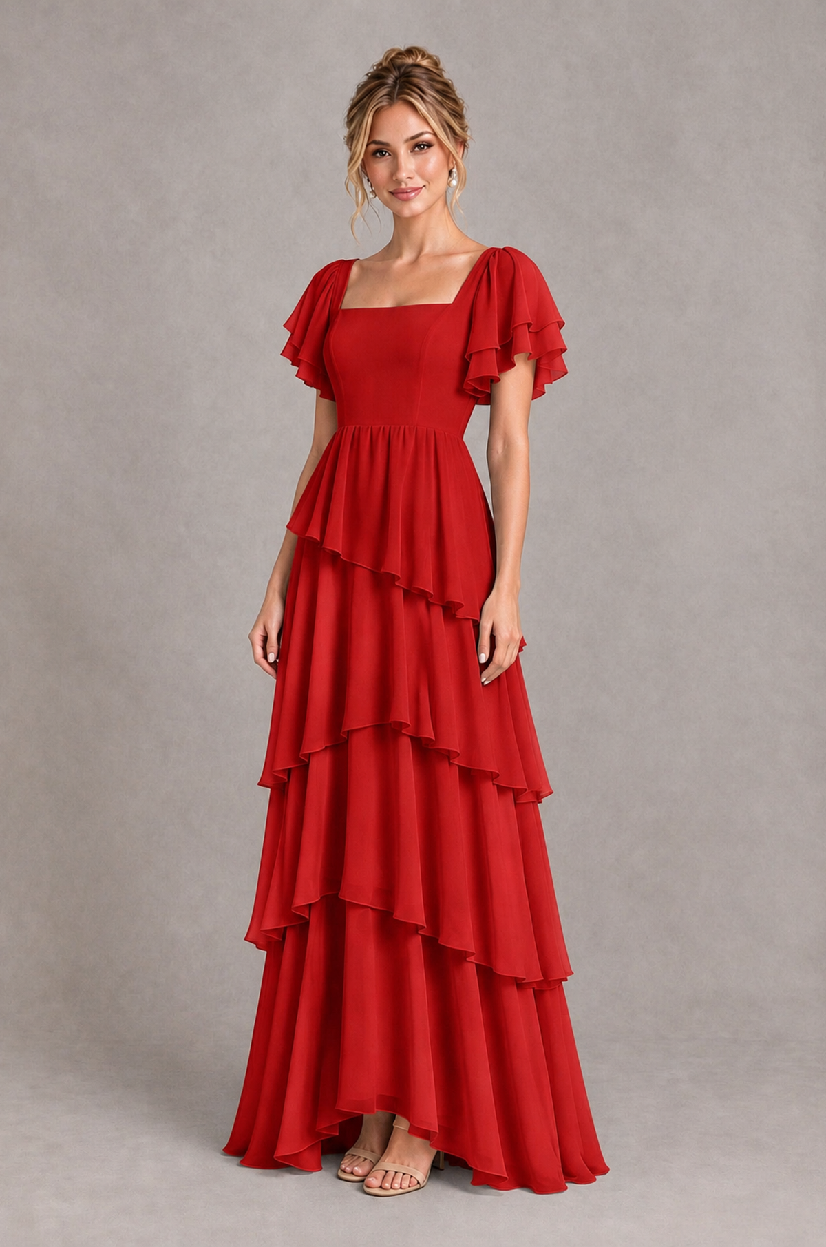 BOLODOO Red Square Neck Flutter Sleeve Tiered Chiffon Bridesmaid Dress with Lace-Up Back - Red - Red_3