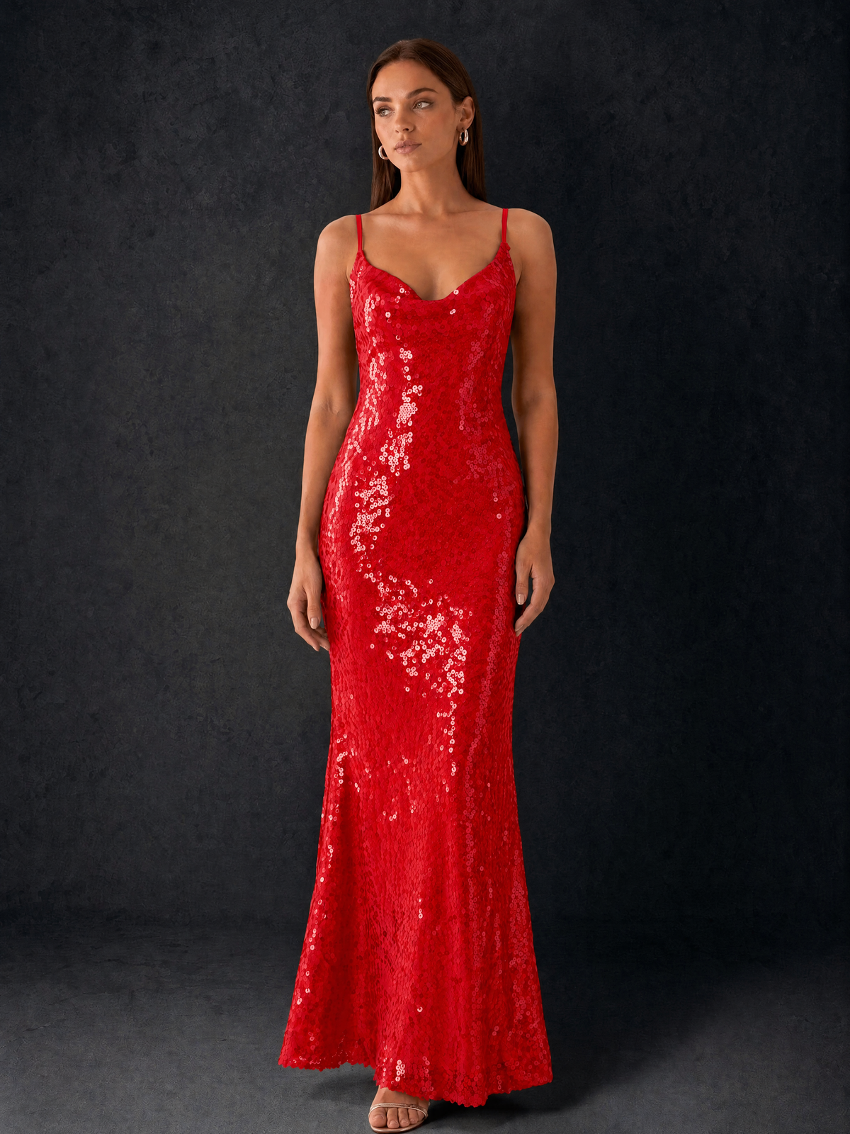 BOLODOO Bronze Sequin Cowl Neck Spaghetti Strap Mermaid Maxi Dress with Open Criss-Cross Back - Red - Red