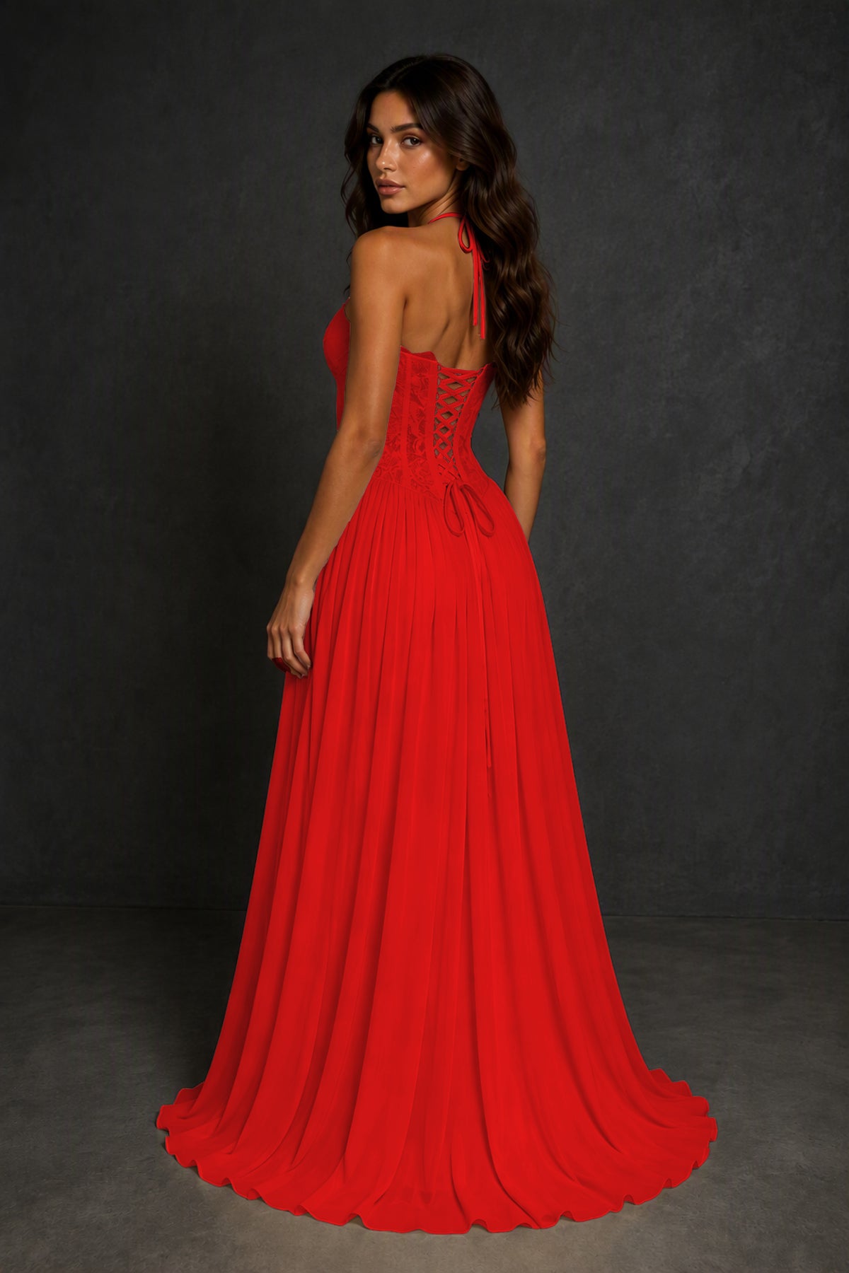 BOLODOO Red Lace Corset Halter Maxi Gown – Backless A-Line Formal Dress - Red
