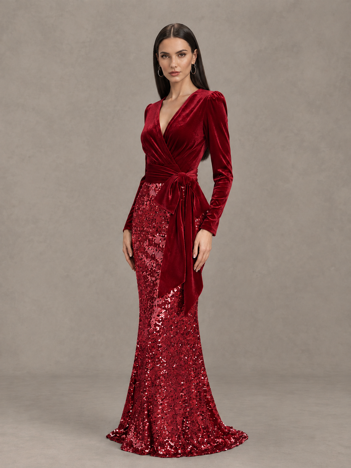 BOLODOO Red Velvet & Sequin Long Sleeve V-Neck Mermaid Evening Gown - Red - Red_3
