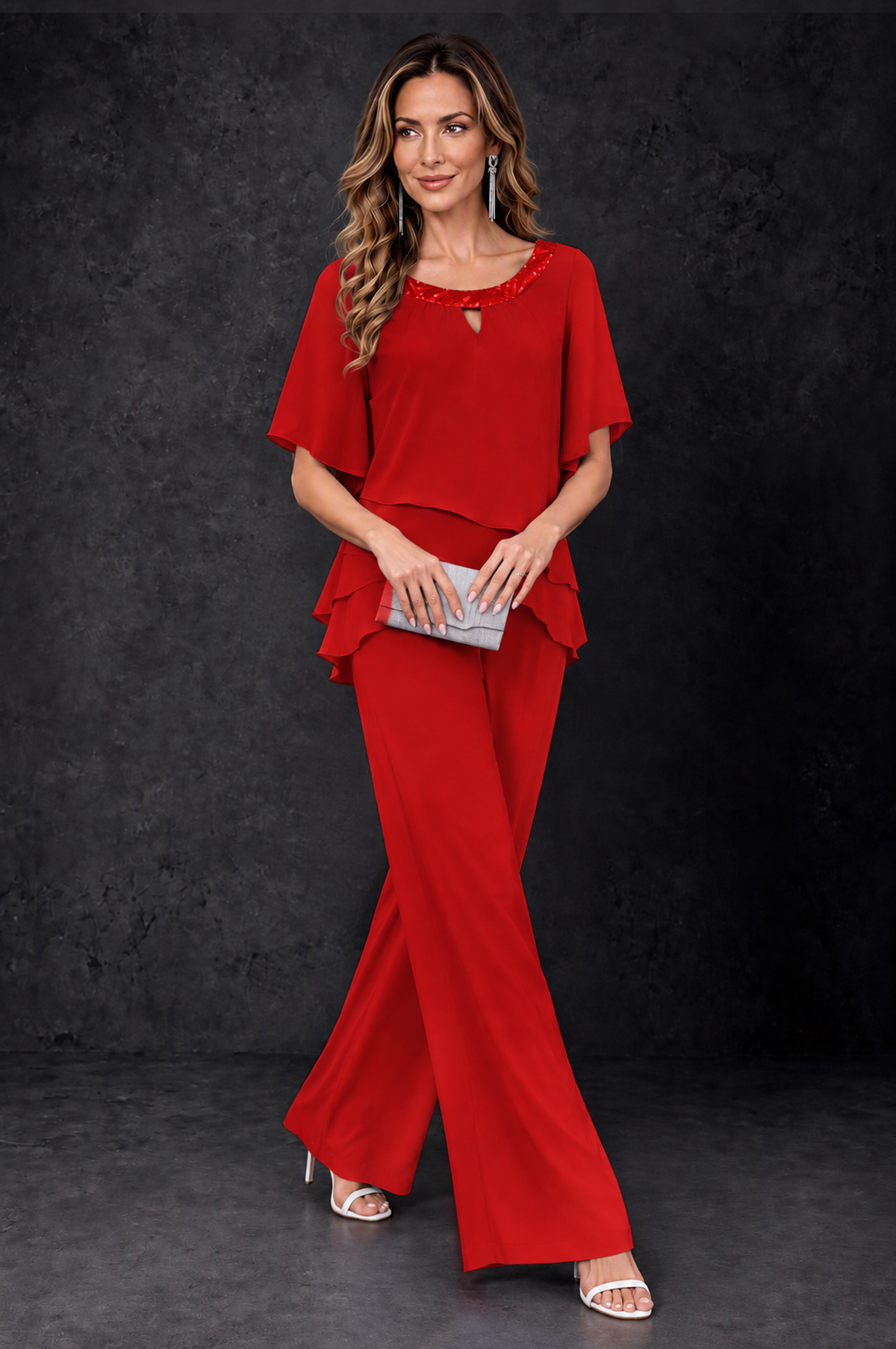 BOLODOO Red Layered Chiffon-Look Mother of the Bride Pantsuit - Red - Red_3