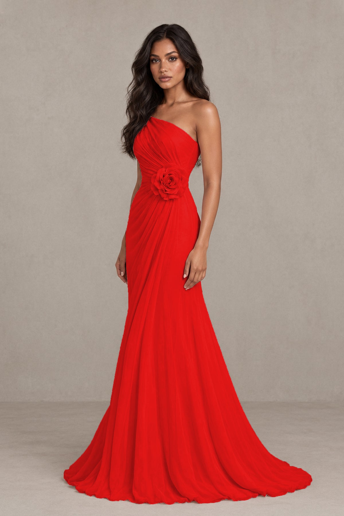 BOLODOO Red One-Shoulder Floral Ruched Maxi Dress - Red