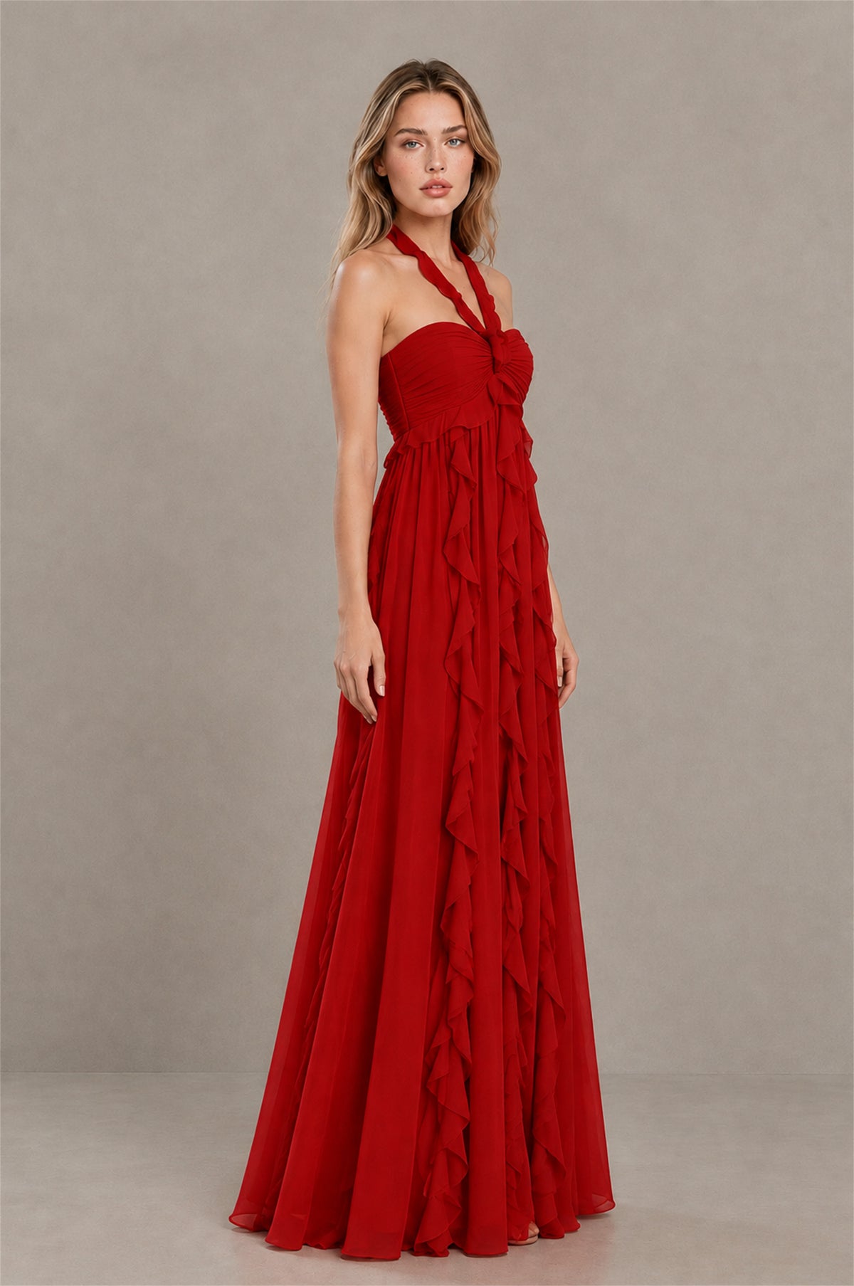 BOLODOO Red Halter Ruffle A-Line Floor-Length Evening Dress - Red - Red_3