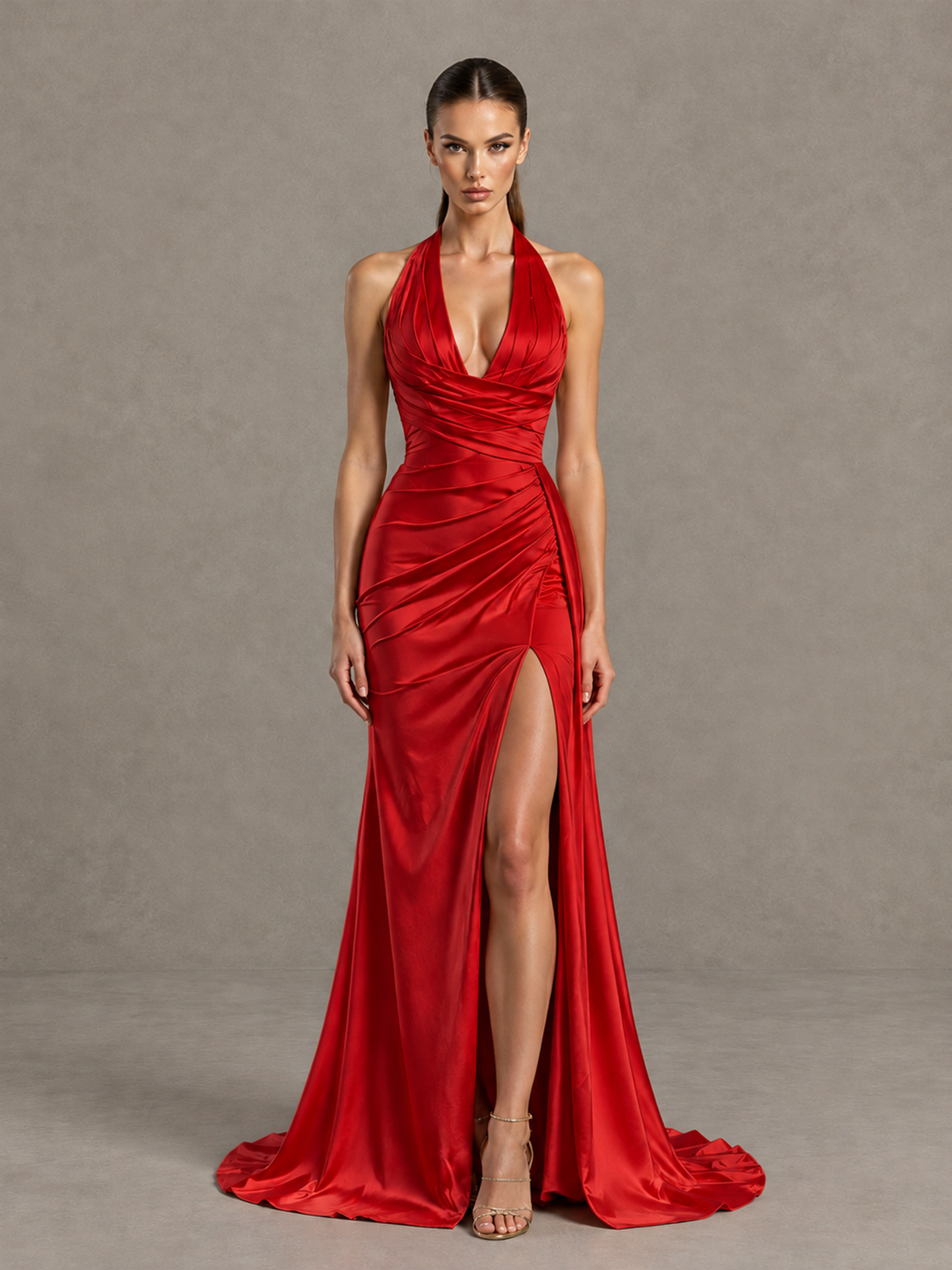 BOLODOO Red Halter Satin Evening & Prom Dress with High Slit - Red - Red_3