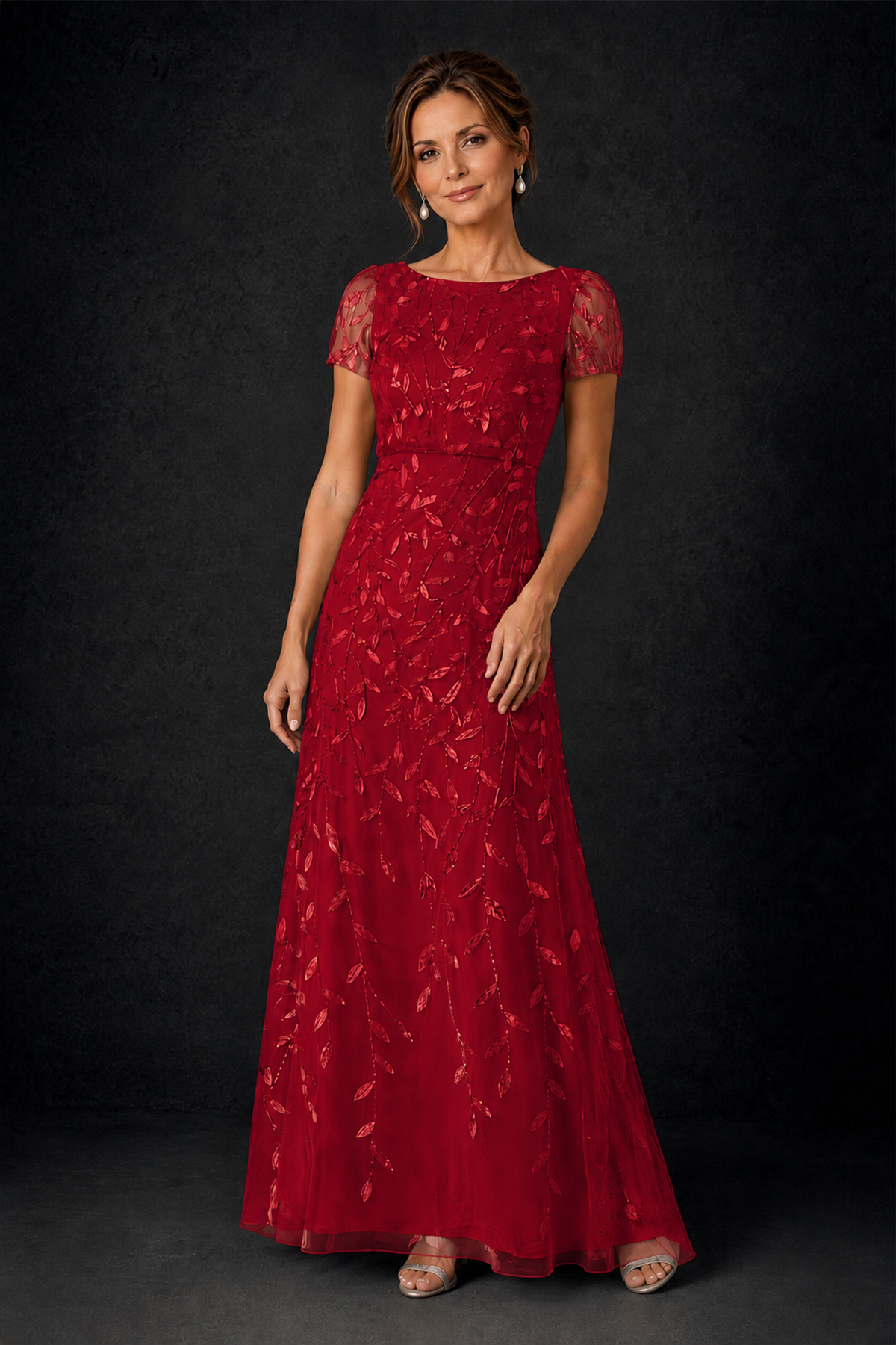 BOLODOO Red Leaf Embroidered A-Line Formal Gown with Cap Sleeves - Red - Red_3