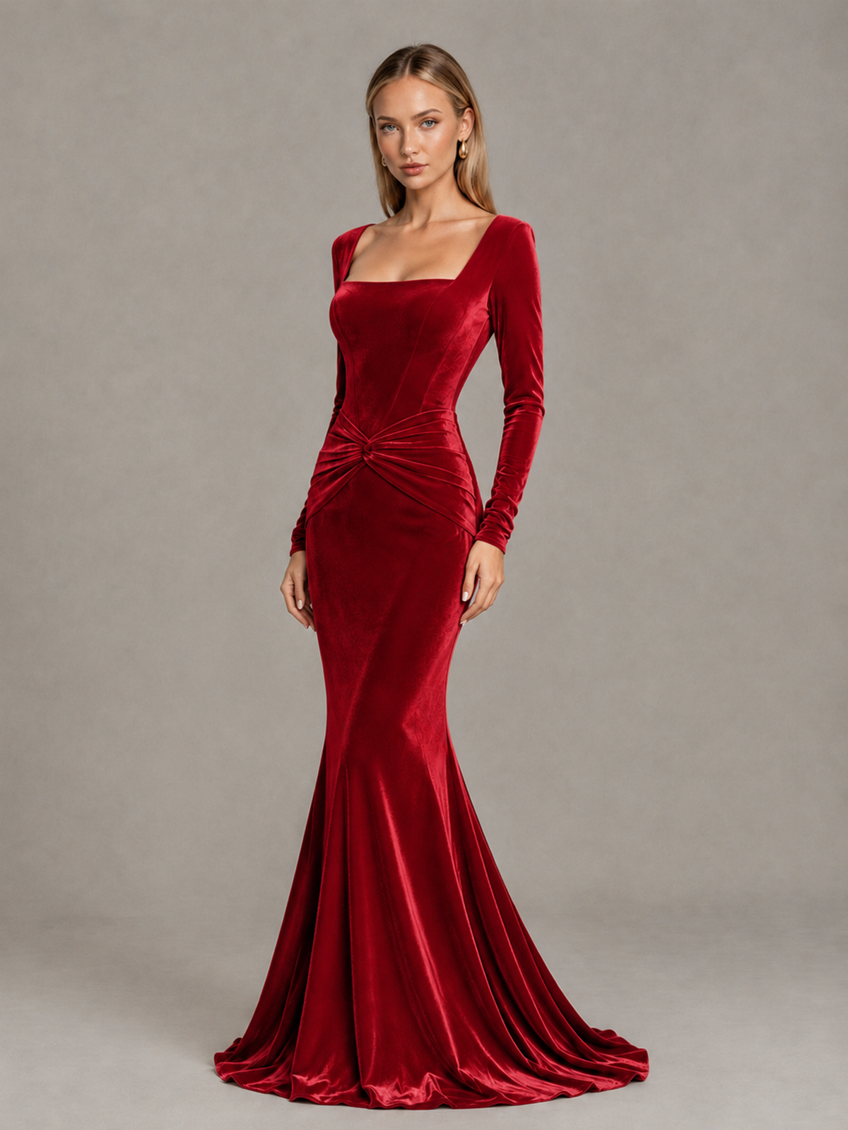 BOLODOO Red Velvet-Look Square Neck Long Sleeve Mermaid Evening Dress - Red - Red_3