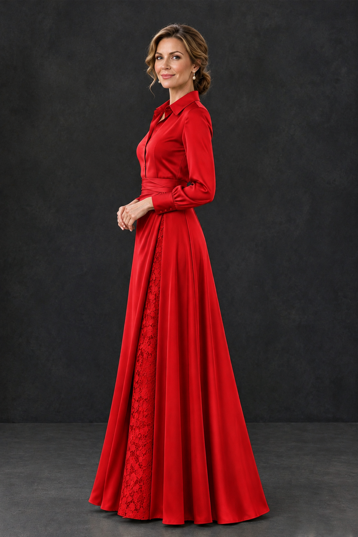 BOLODOO Red Long Sleeve Satin-Look Lace Panel Gown - Red - Red_3