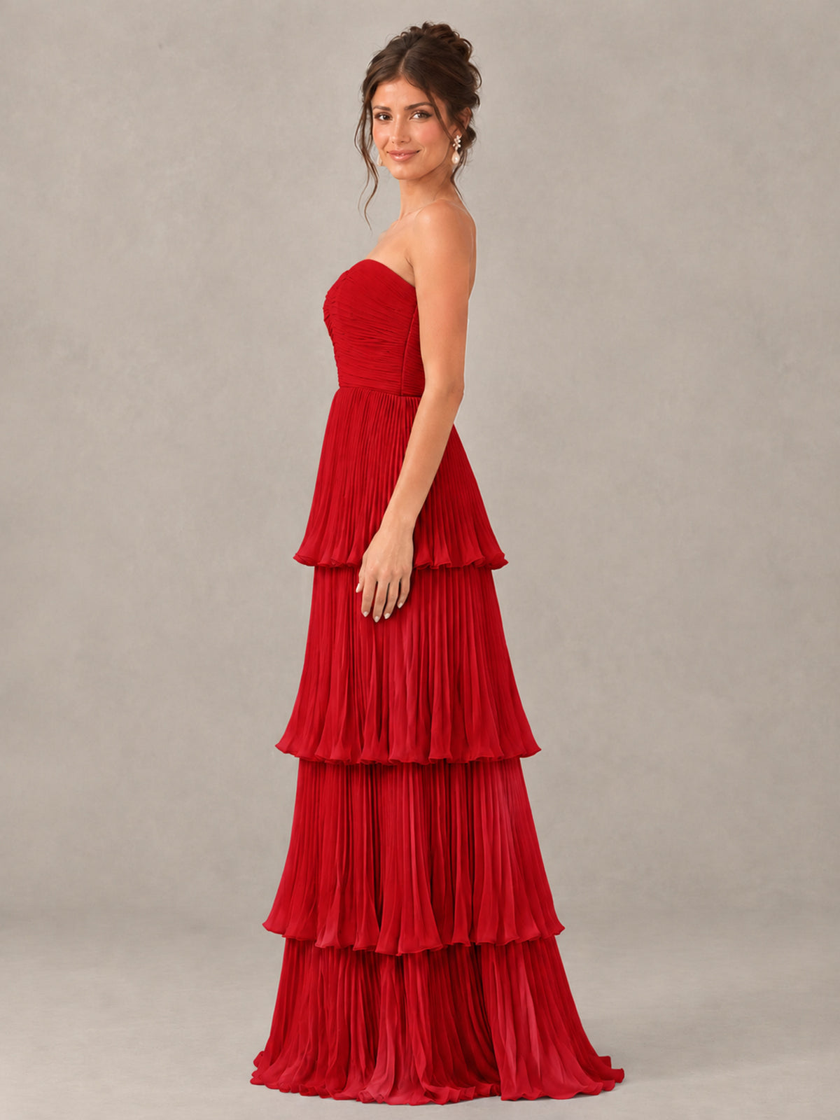 BOLODOO Red Strapless Tiered Pleated Bridesmaid Dress - Red - Red_3