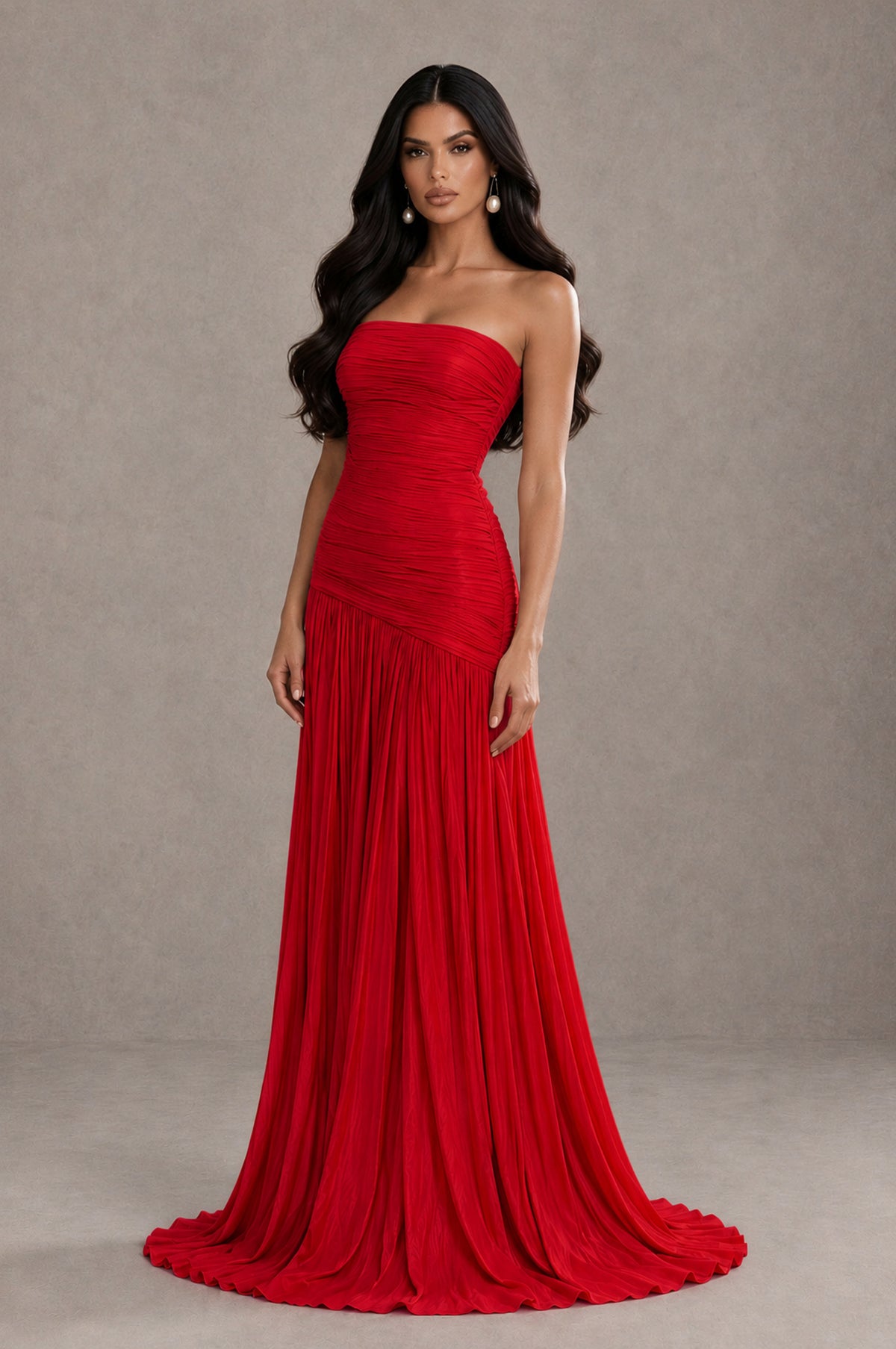 BOLODOO Red Metallic Ruched Strapless Pleated A-Line Backless Maxi Dress with Train - Red - Red_3