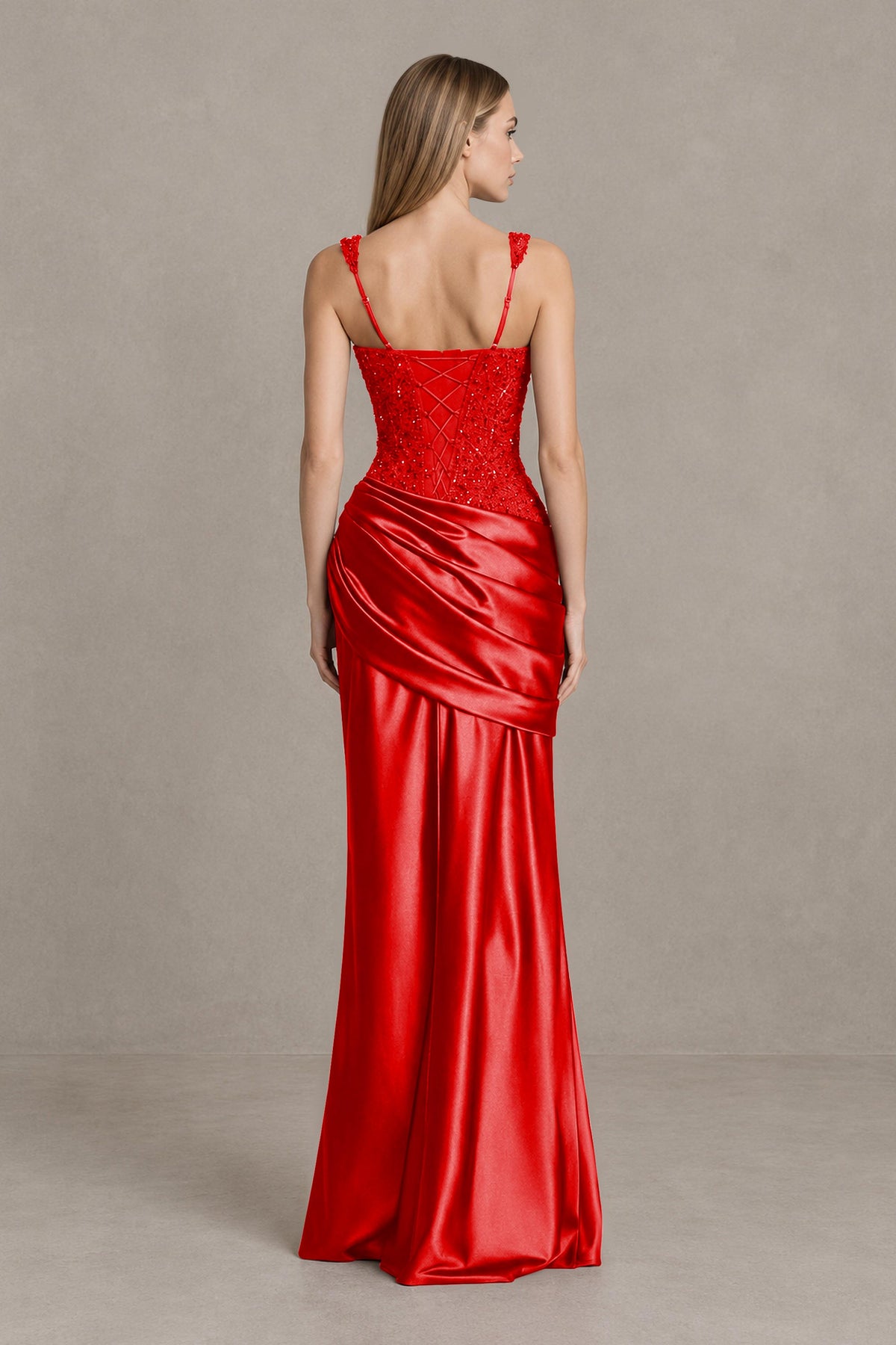 BOLODOO Red Square Neck Embellished Satin Evening Gown - Red