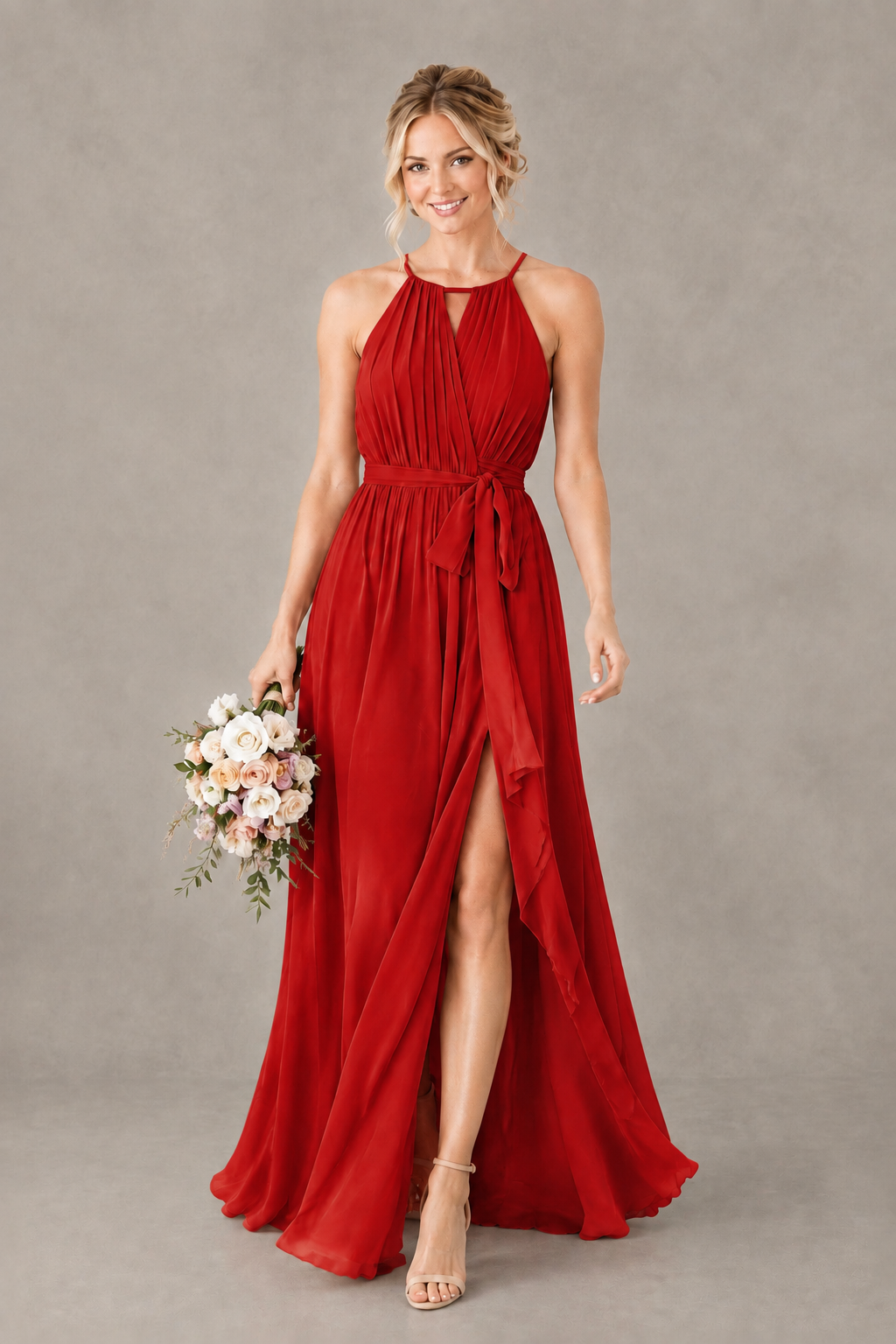 BOLODOO Red Halter Chiffon Bridesmaid Dress with High Slit - Red