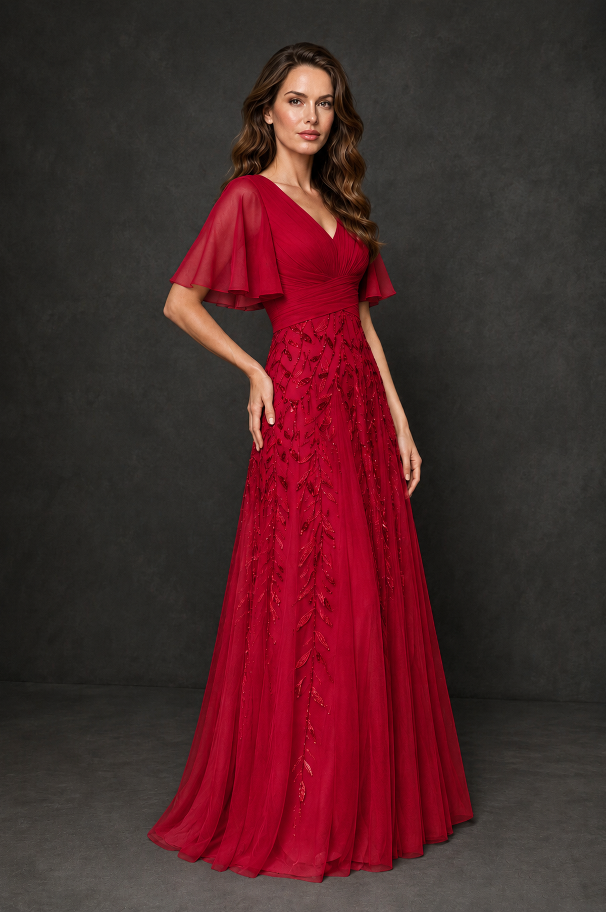 BOLODOO Red V-Neck Flutter Sleeve Beaded Botanical Tulle A-Line Gown | Mother of the Bride Evening Dress - Red - Red_3
