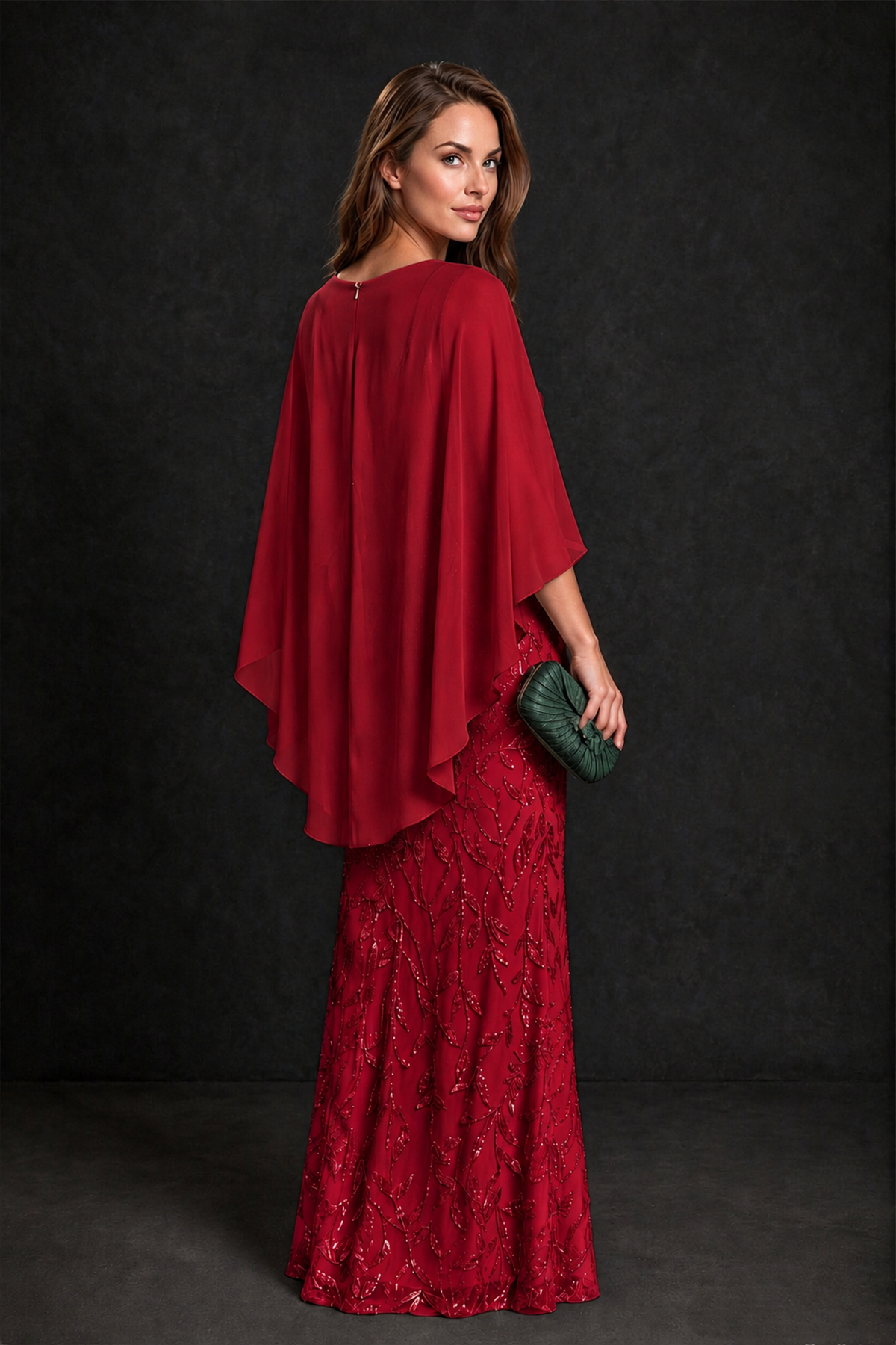 BOLODOO Red Round Neck Chiffon Cape Overlay Sequin Lace Mermaid Maxi Dress - Red - Red_3