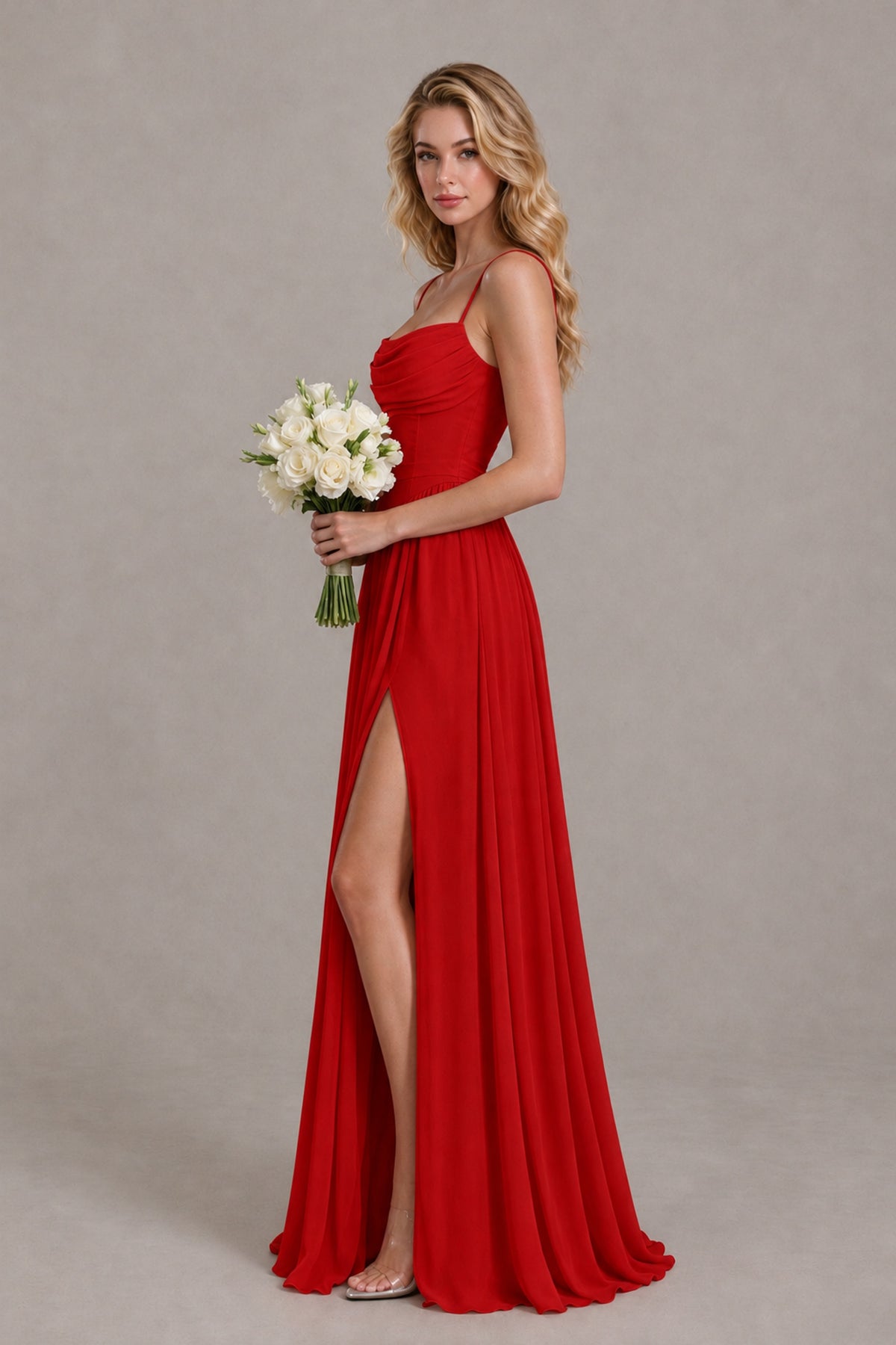 BOLODOO Red Spaghetti Strap A-Line Bridesmaid Dress with Slit - Red - Red_3