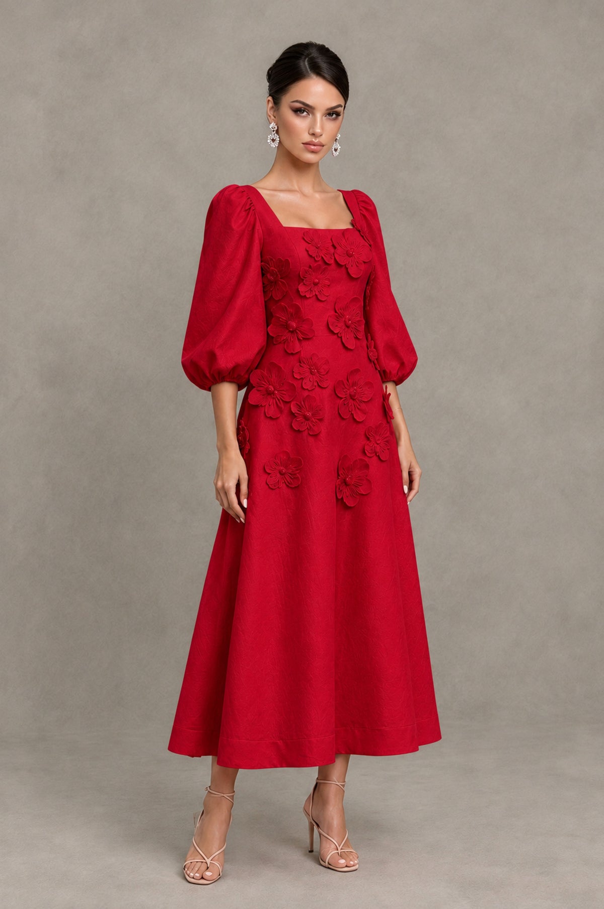 BOLODOO Red 3D Floral Puff Sleeve Midi Cocktail Dress - Red - Red_3