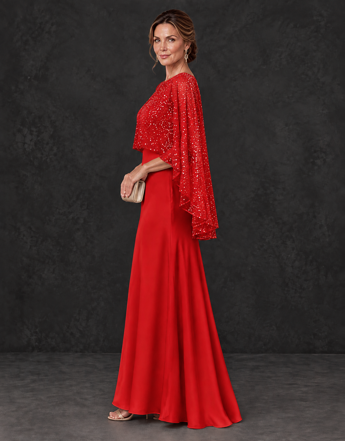 BOLODOO Red Sparkle Cape Sleeve Mother of the Bride Dress - Red - Red_3