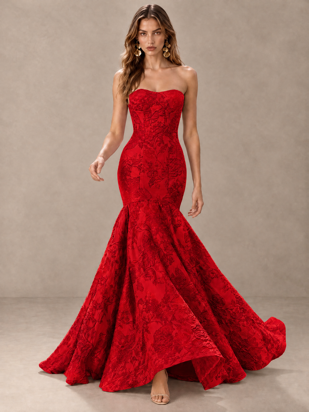 BOLODOO Red Floral Strapless Mermaid Prom Dress with Train - Red - Red_3