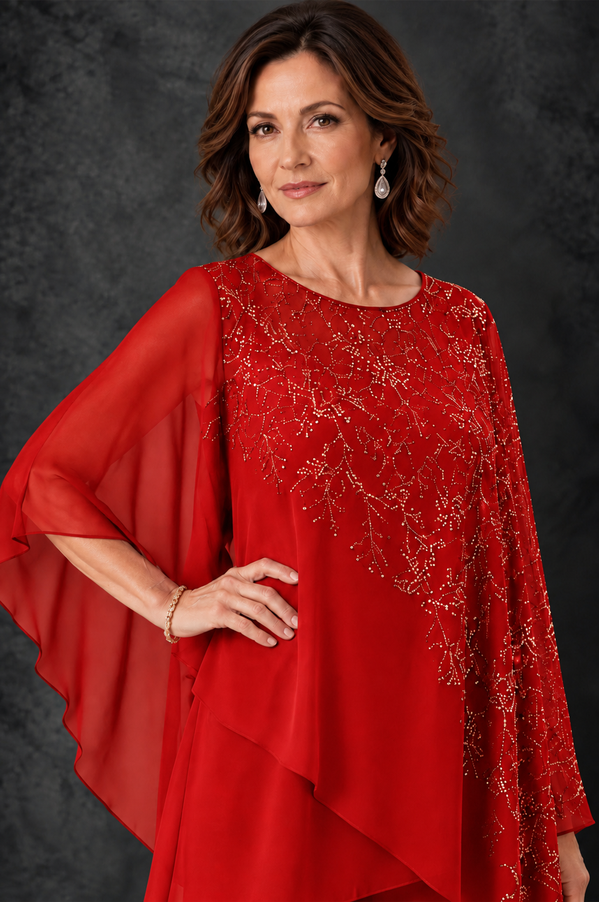 BOLODOO Red Embellished Cape Pant Suit for Mother of the Bride - Red - Red_3