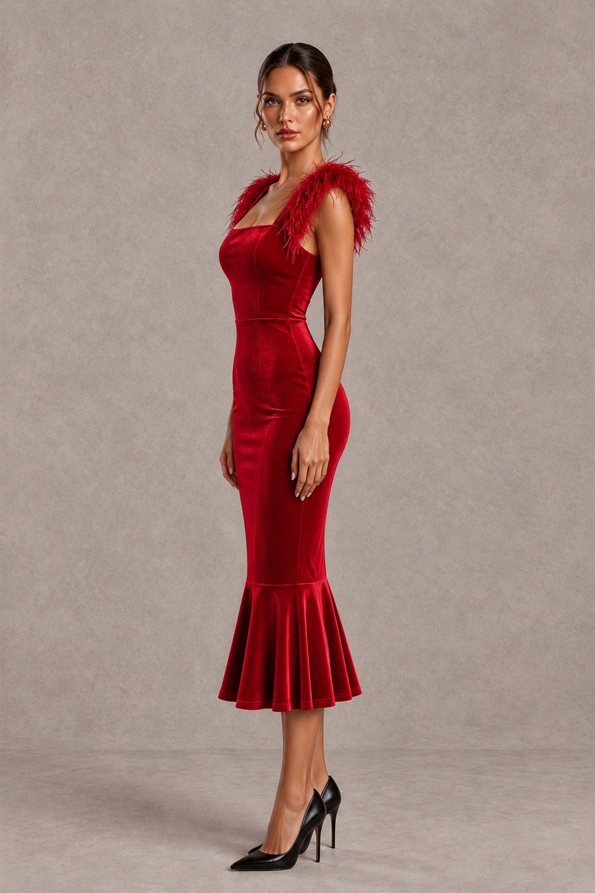 BOLODOO Red Feather-Trim Velvet-Look Mermaid Midi Dress - Red - Red_3