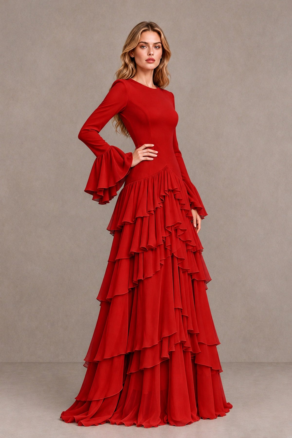 Red Long Sleeve Tiered Ruffle Evening Gown - Red - Red_3