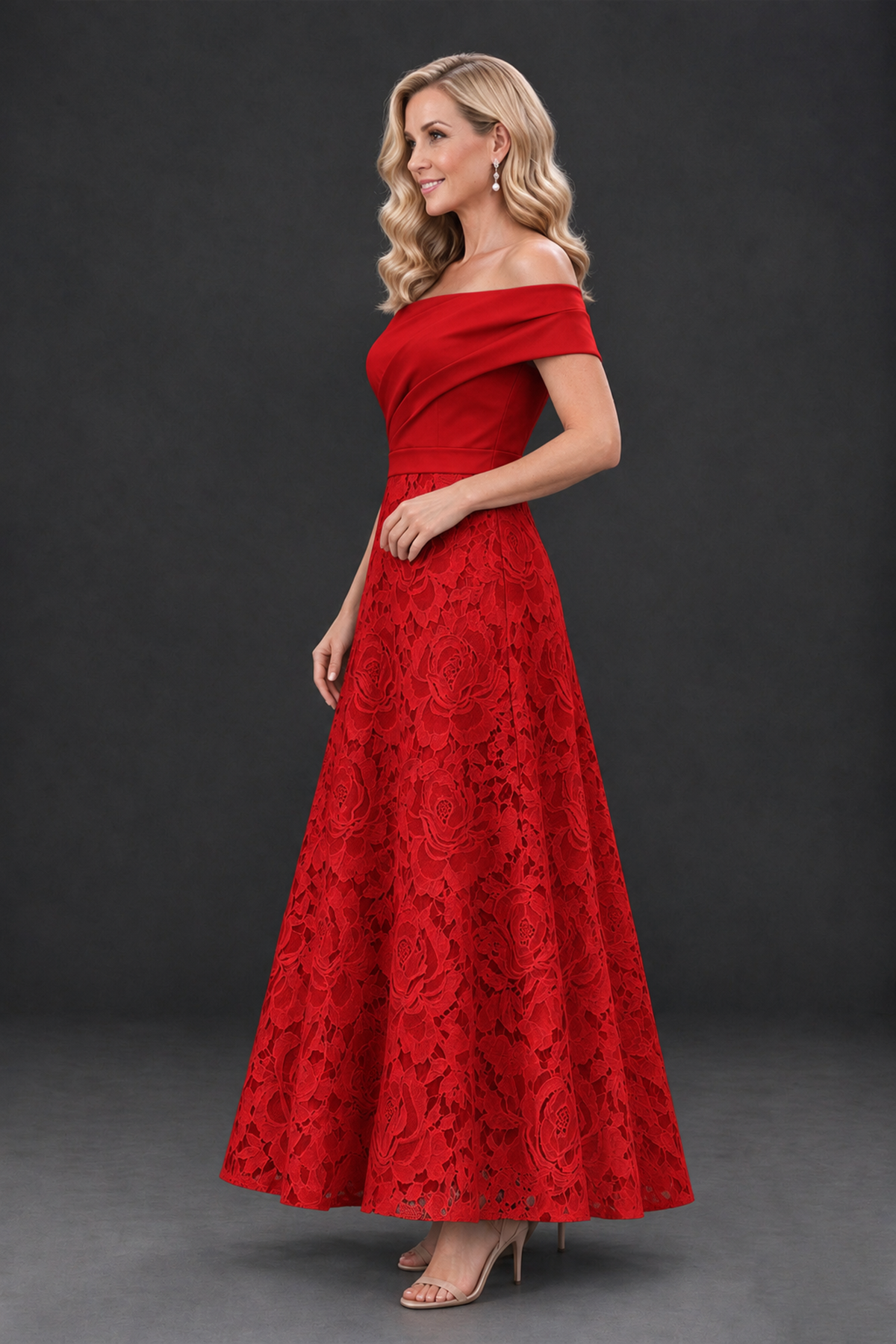BOLODOO Red Off-the-Shoulder Floral A-Line Mother of the Bride Dress - Red - Red_3