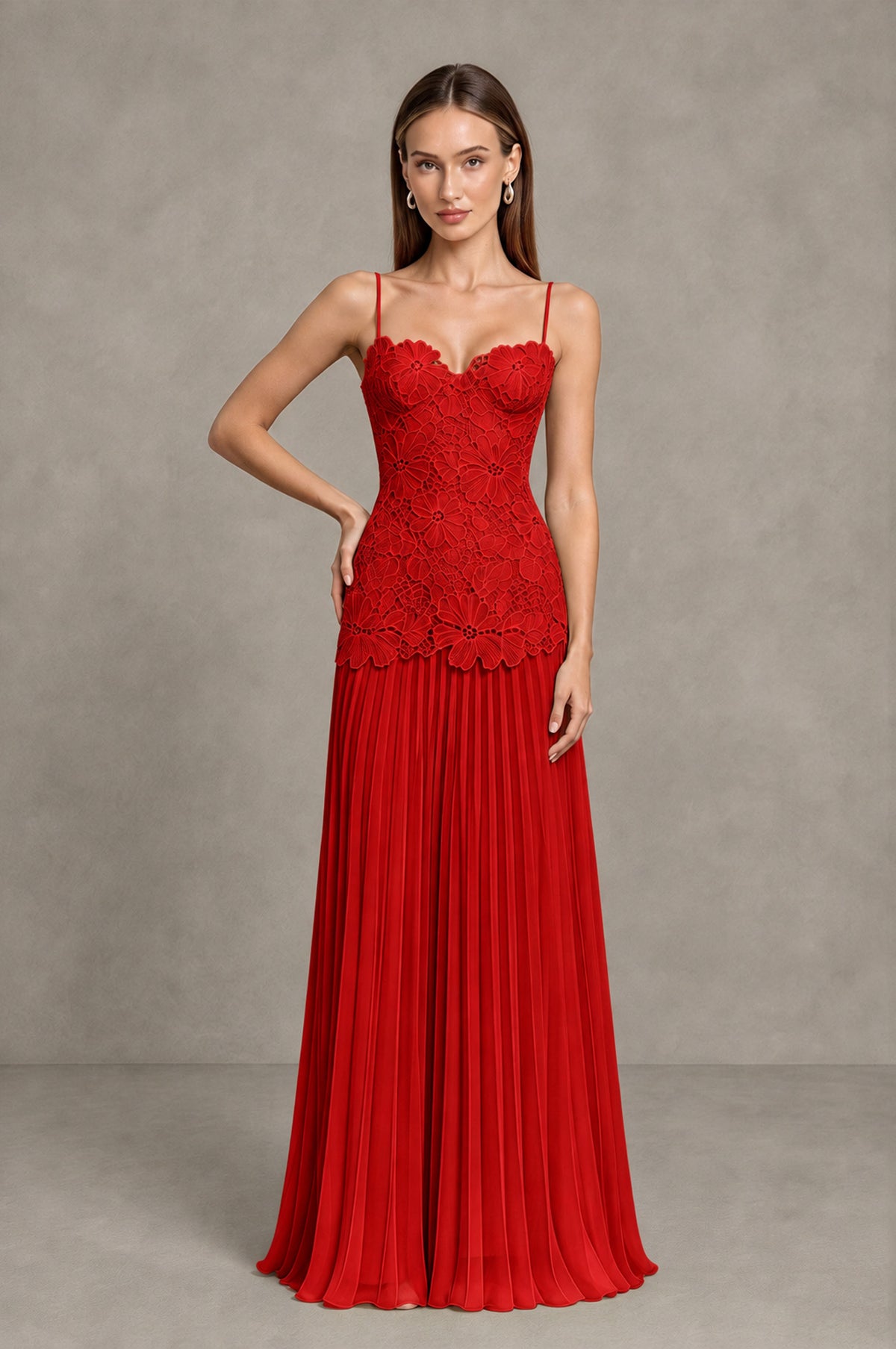 BOLODOO Red Lace Bodice Pleated Wedding Guest Dress - Red - Red_3