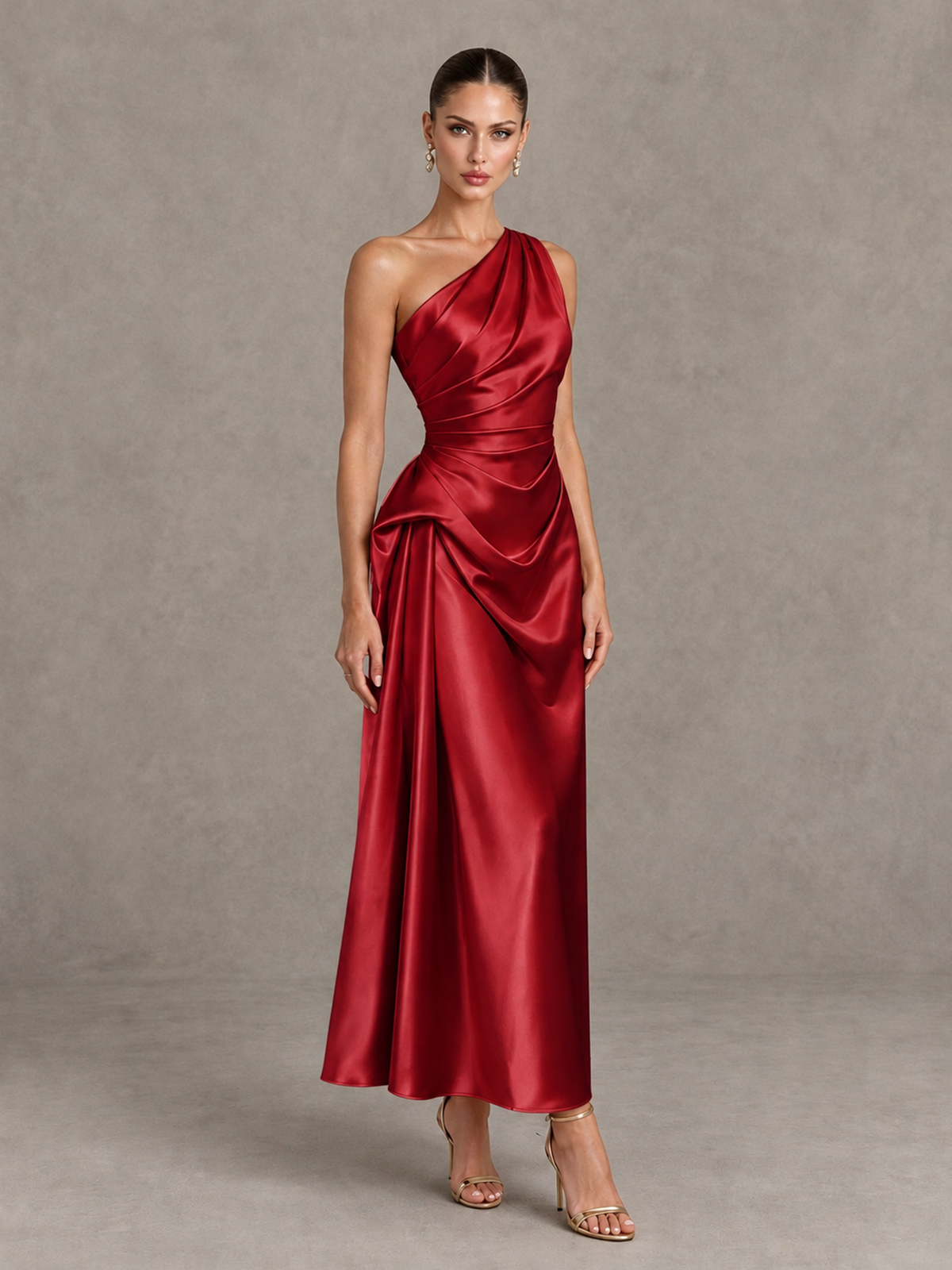 BOLODOO Red One Shoulder Satin Cocktail Dress with Draped A-Line Skirt - Red - Red_3