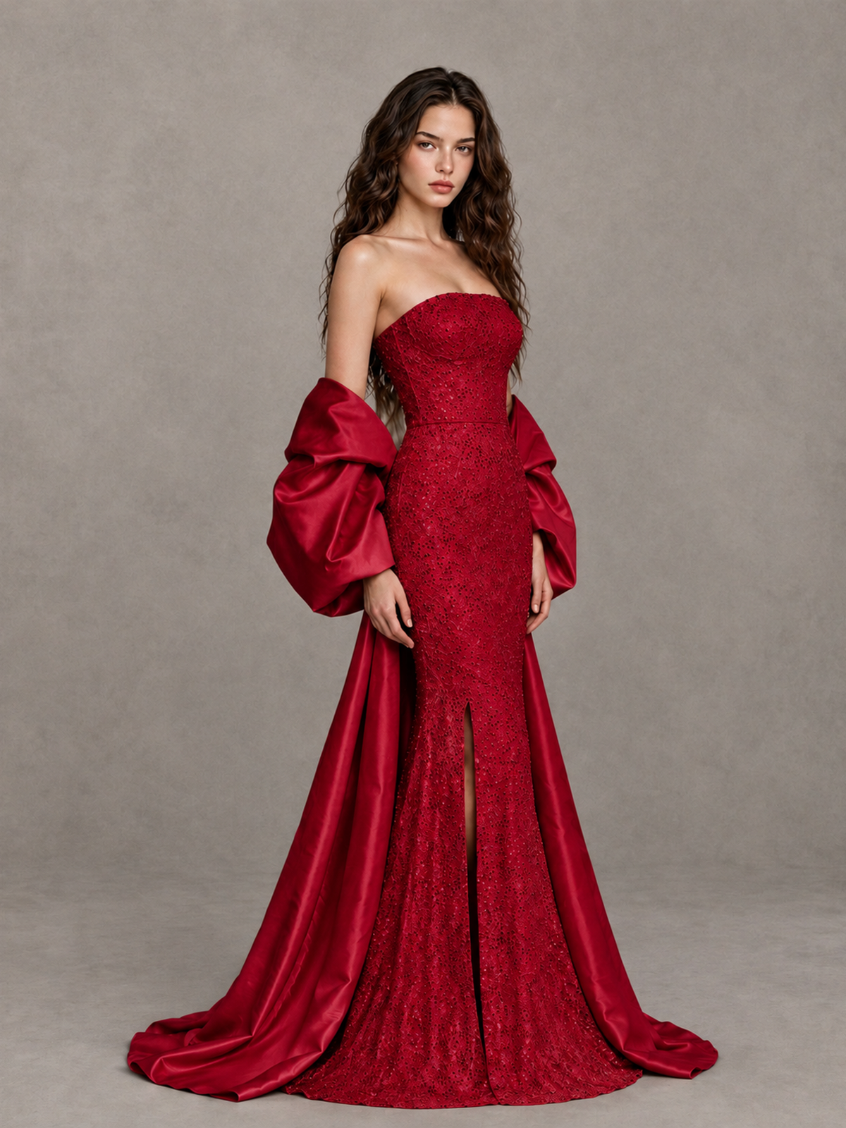 BOLODOO Red Strapless Sparkle Mermaid Prom Dress with Front Slit and Draped Sleeves - Red - Red_3