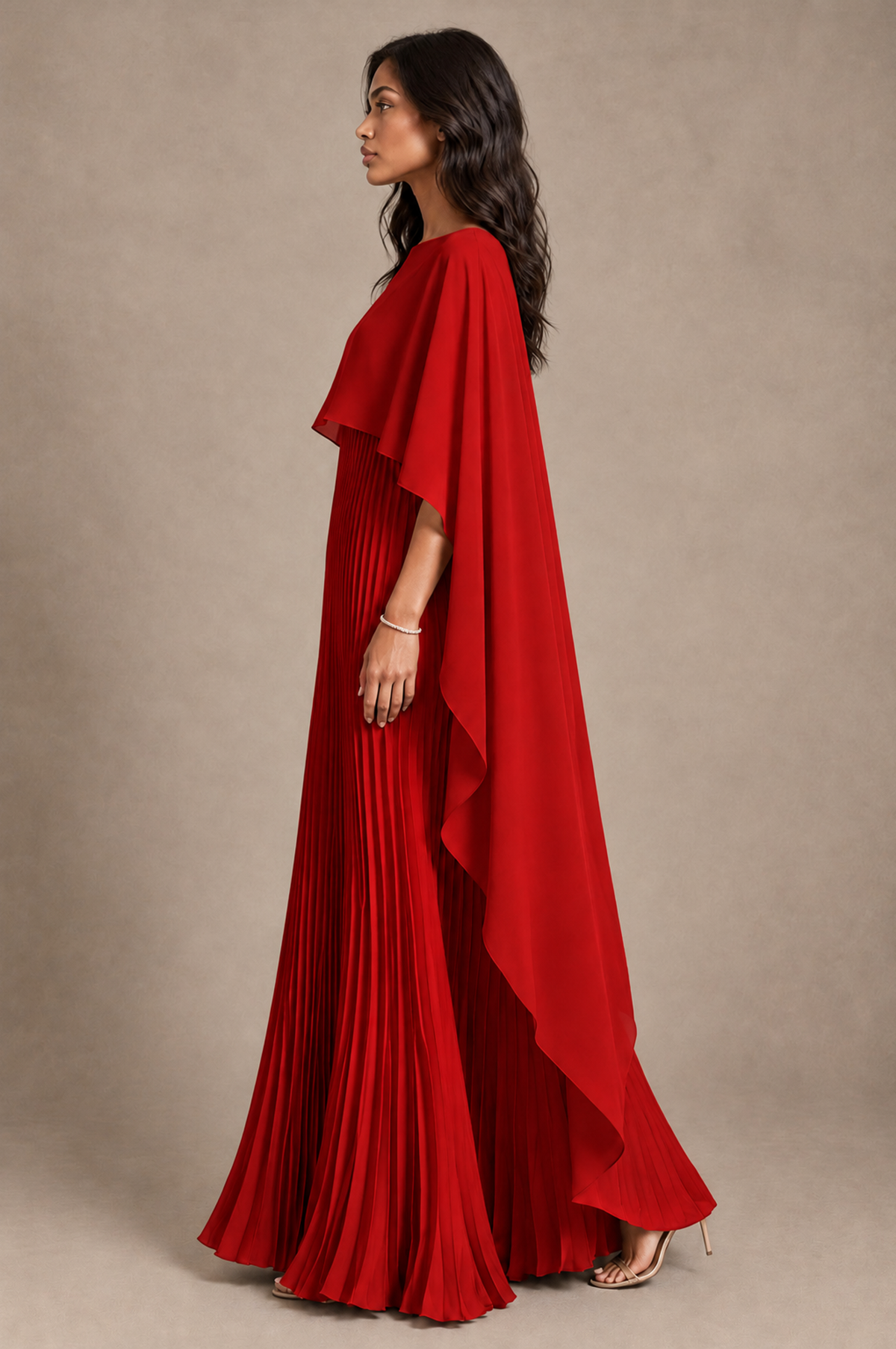 BOLODOO Red Pleated Cape A-Line Evening Dress - Red - Red_3