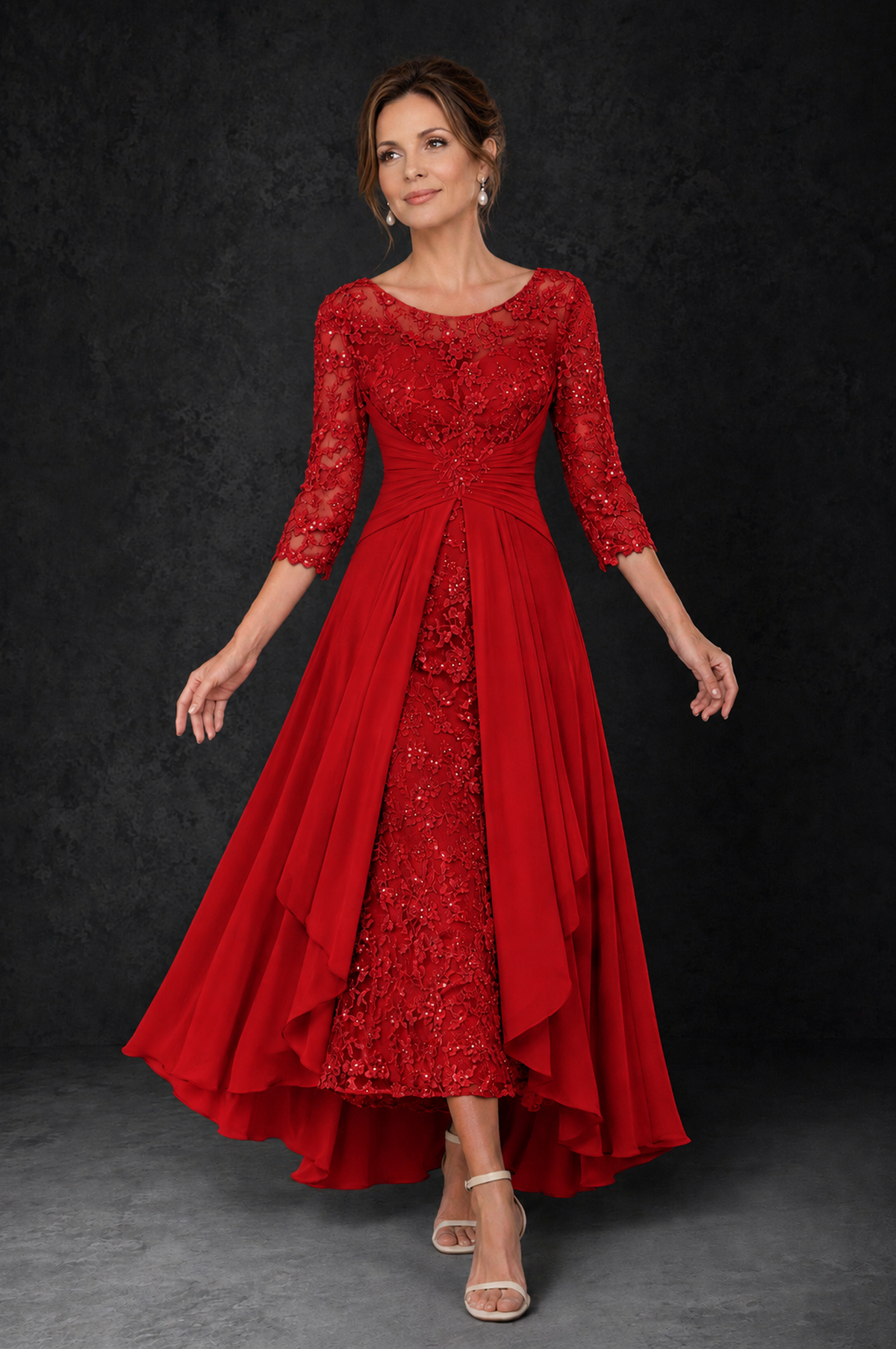 BOLODOO Red Sequin Lace & Chiffon Tea-Length Mother of the Bride Dress with 3/4 Sleeves - Red