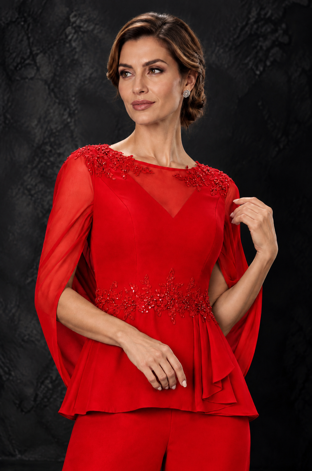BOLODOO Red Embellished Cape Sleeve Mother of the Bride Pantsuit - Red - Red_3