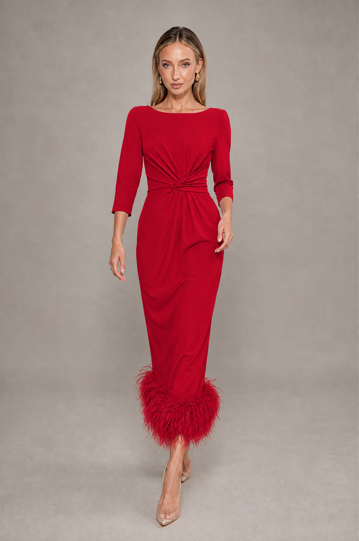 BOLODOO Red Feather-Trim Twist-Waist Midi Dress - Red - Red_3