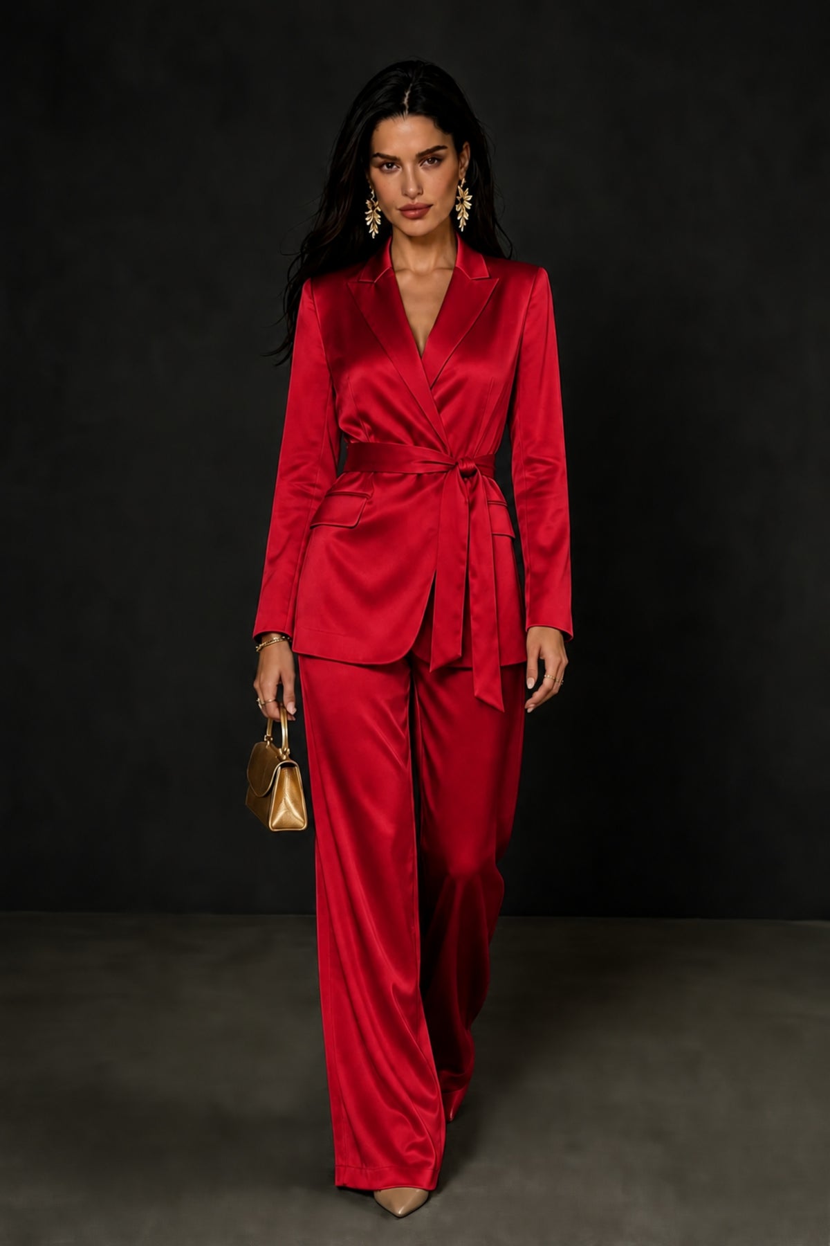 BOLODOO Red Satin Wrap Blazer Wide-Leg Pants Two-Piece Suit Set – Evening Gala Wedding Guest - Red