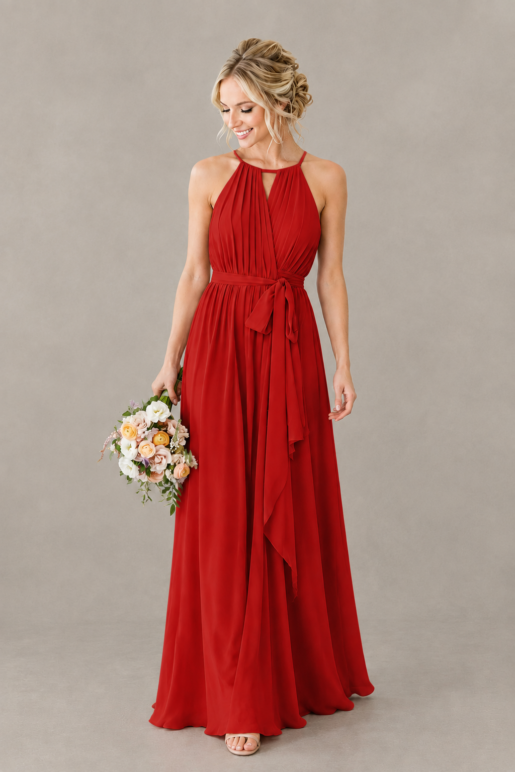 BOLODOO Red Halter Chiffon Bridesmaid Dress with High Slit - Red