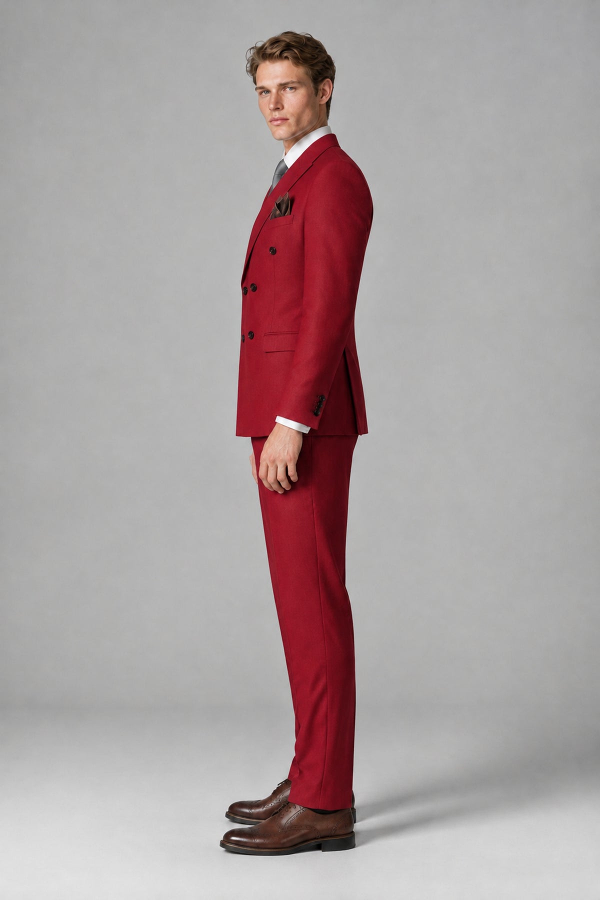 Bolodoo Men's Red Double-Breasted Two-Piece Suit with Peak Lapels - Red - Red_4