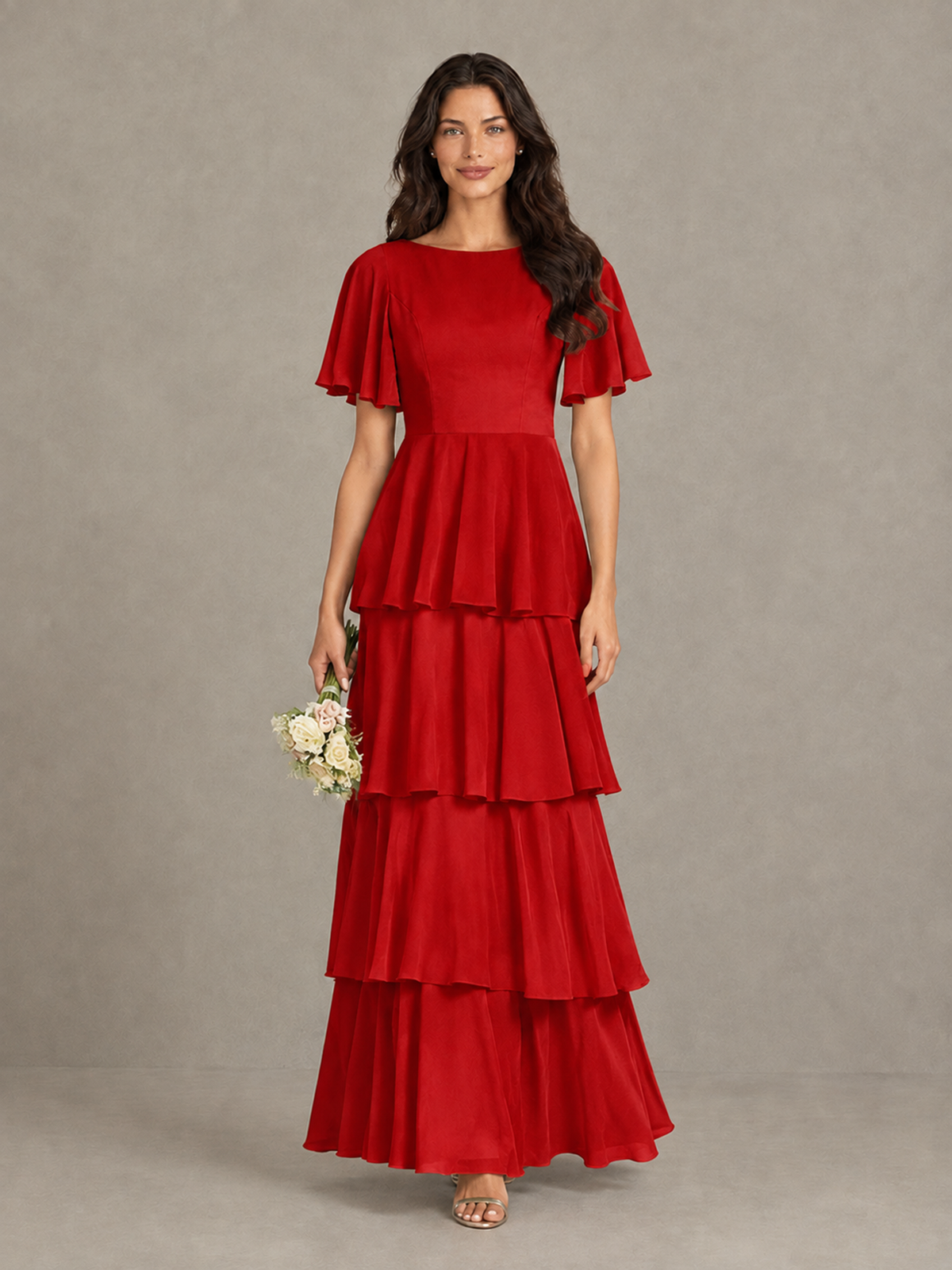 BOLODOO Red Tiered Flutter Sleeve Bridesmaid Dress - Red - Red_4